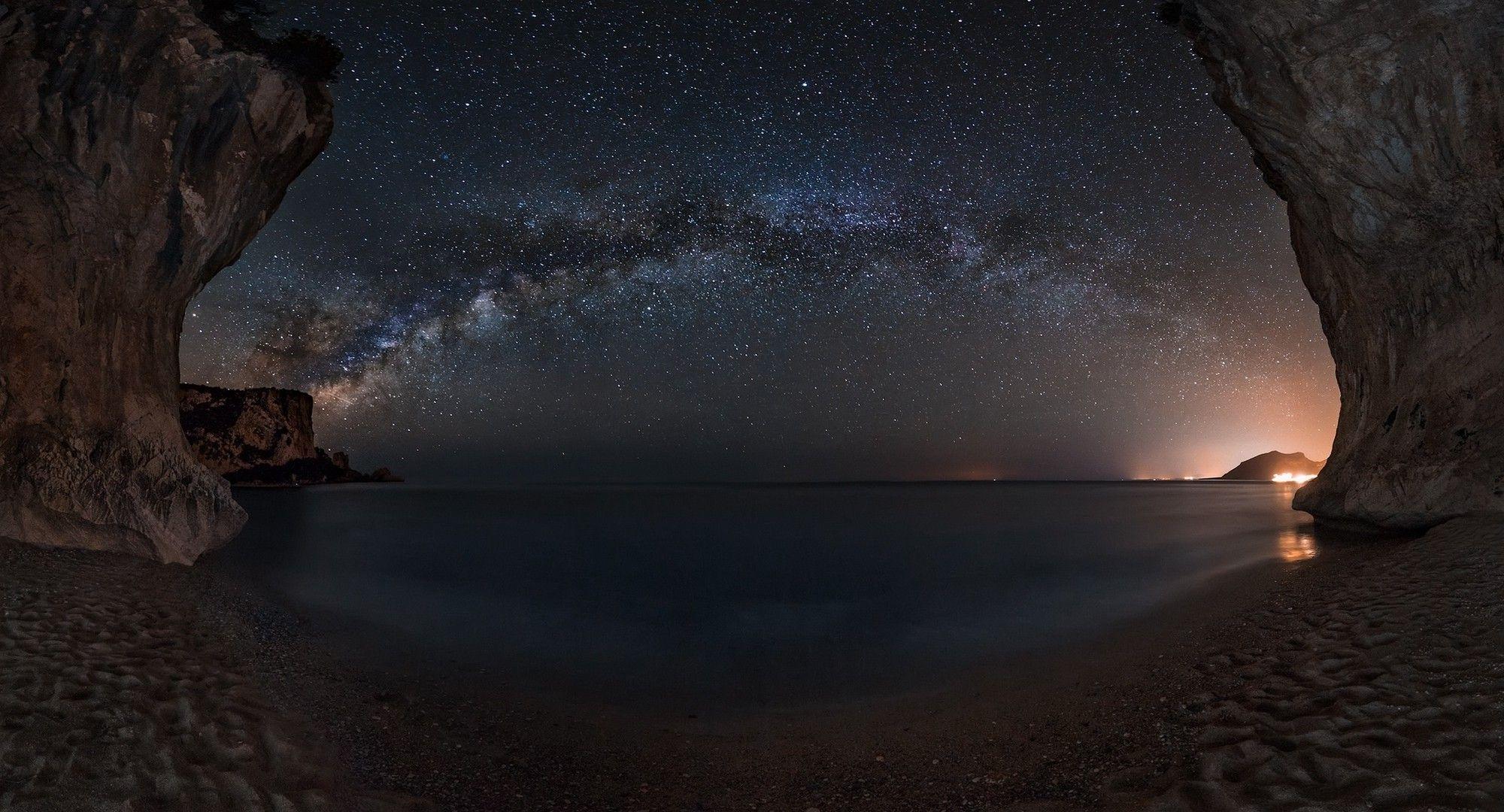 2000x1080 landscape, Nature, Starry Night, Milky Way, Cave, Beach