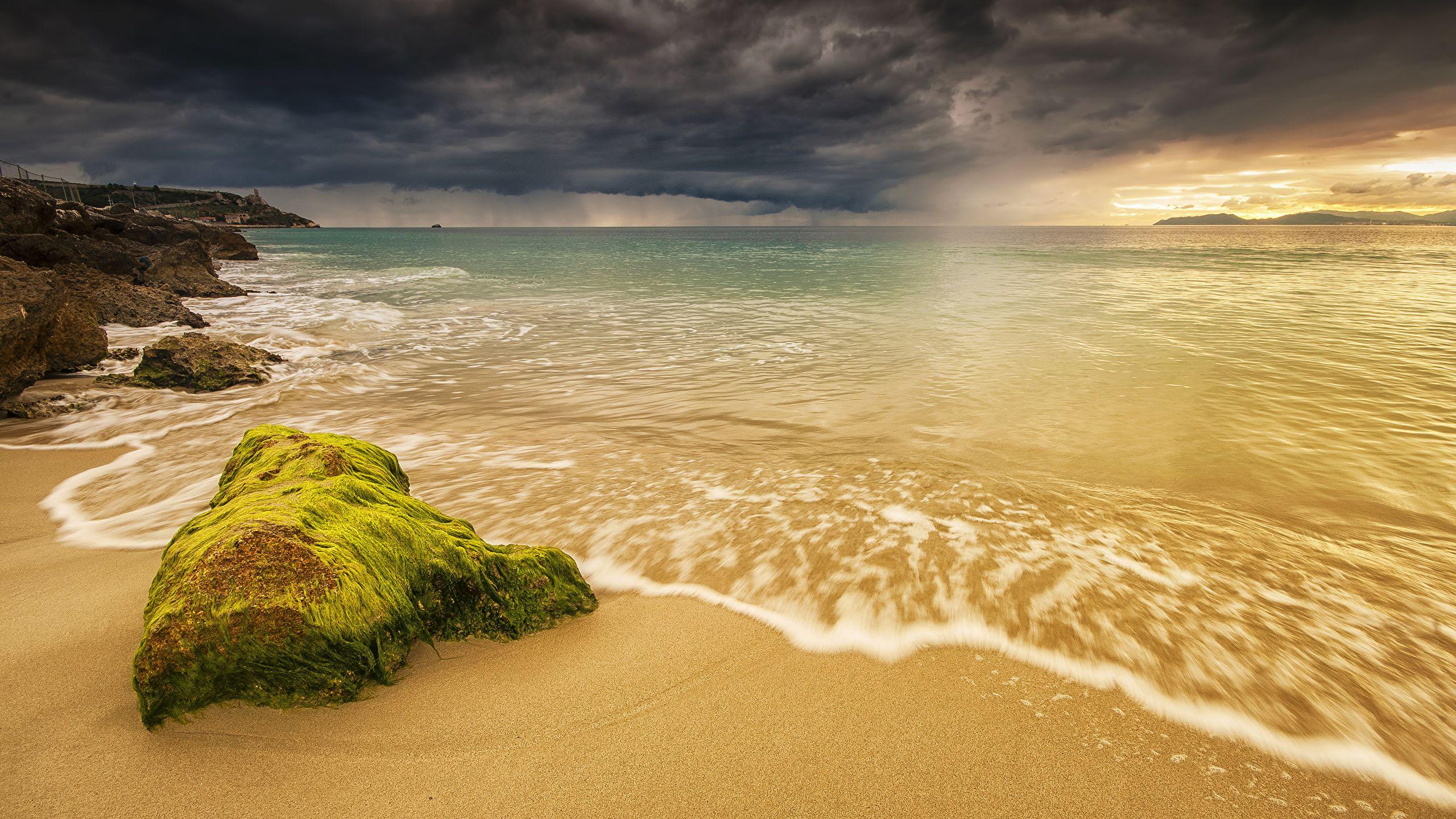 2560x1440 Photos Italy Sardinia Nature Waves sunrise and sunset 2560x1440
