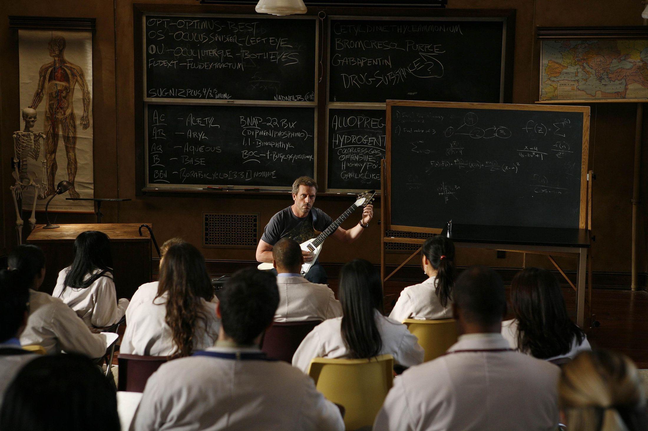 2200x1466 classroom, guitars, Hugh Laurie, Gregory House, chalkboards, House