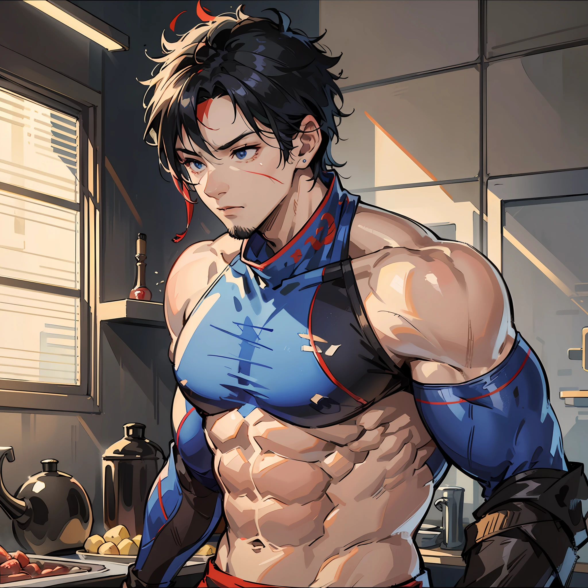 2048x2048 Anime guy with a muscular body and a blue shirt