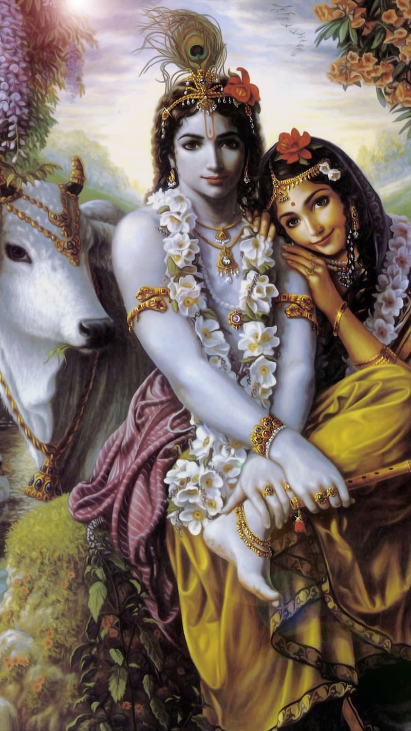 800x1423 Lord Krishna And Radha Surrounded By Animals, lord krishna, surrounded by animals, HD phone wallpaper