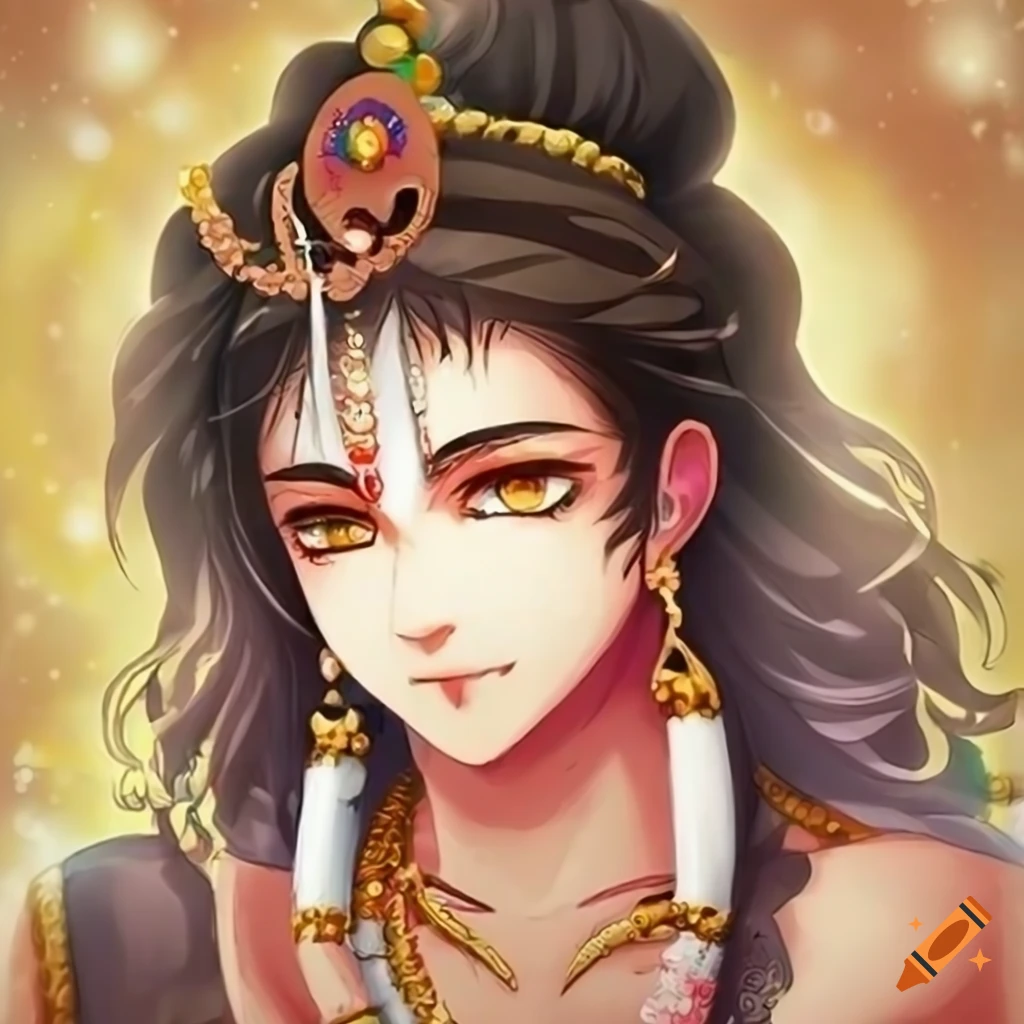 1024x1024 Anime boy with tilak on head and lord Krishna theme baground on Craiyon