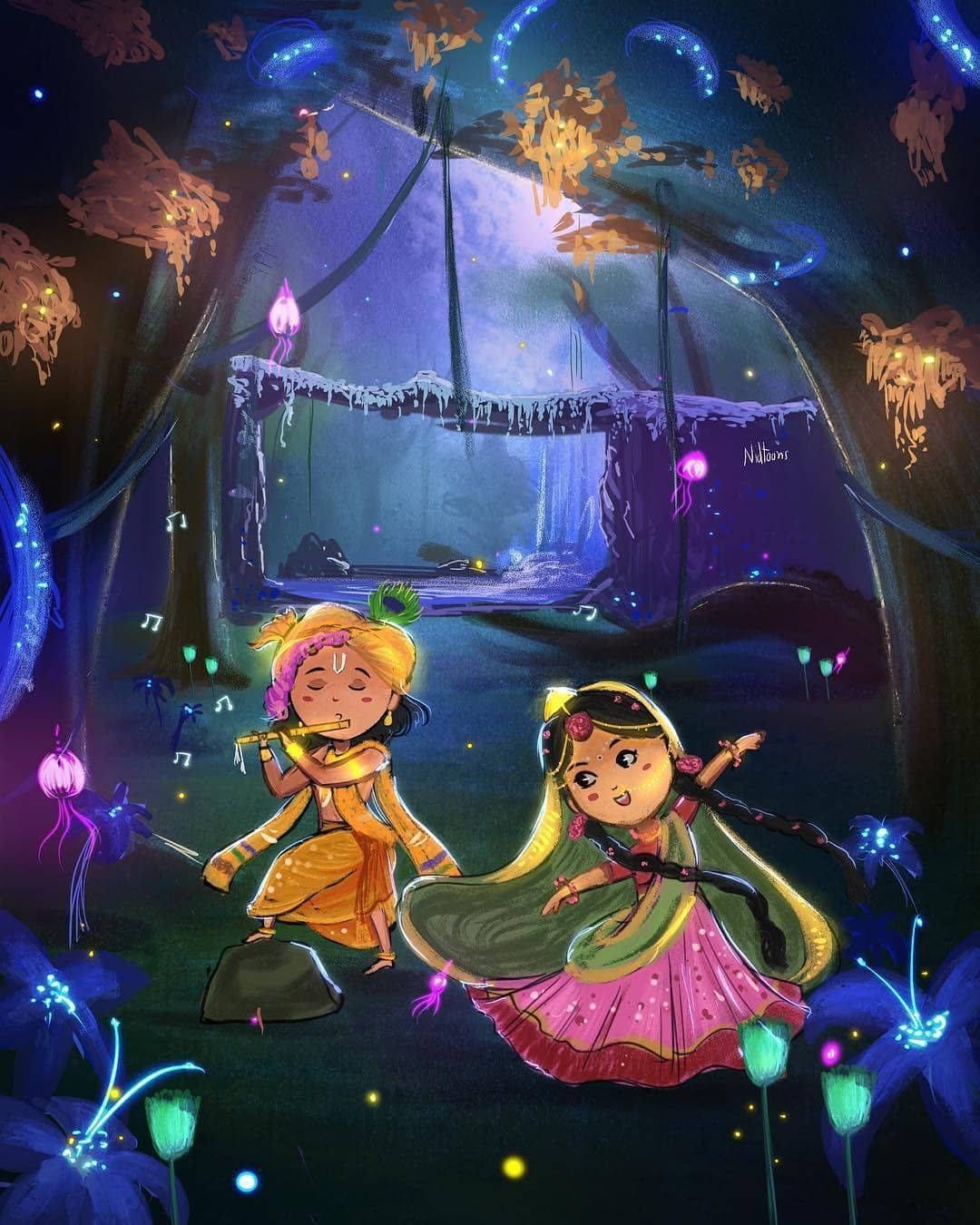 1080x1350 Cute Radha Krishna Forest Art Wallpaper