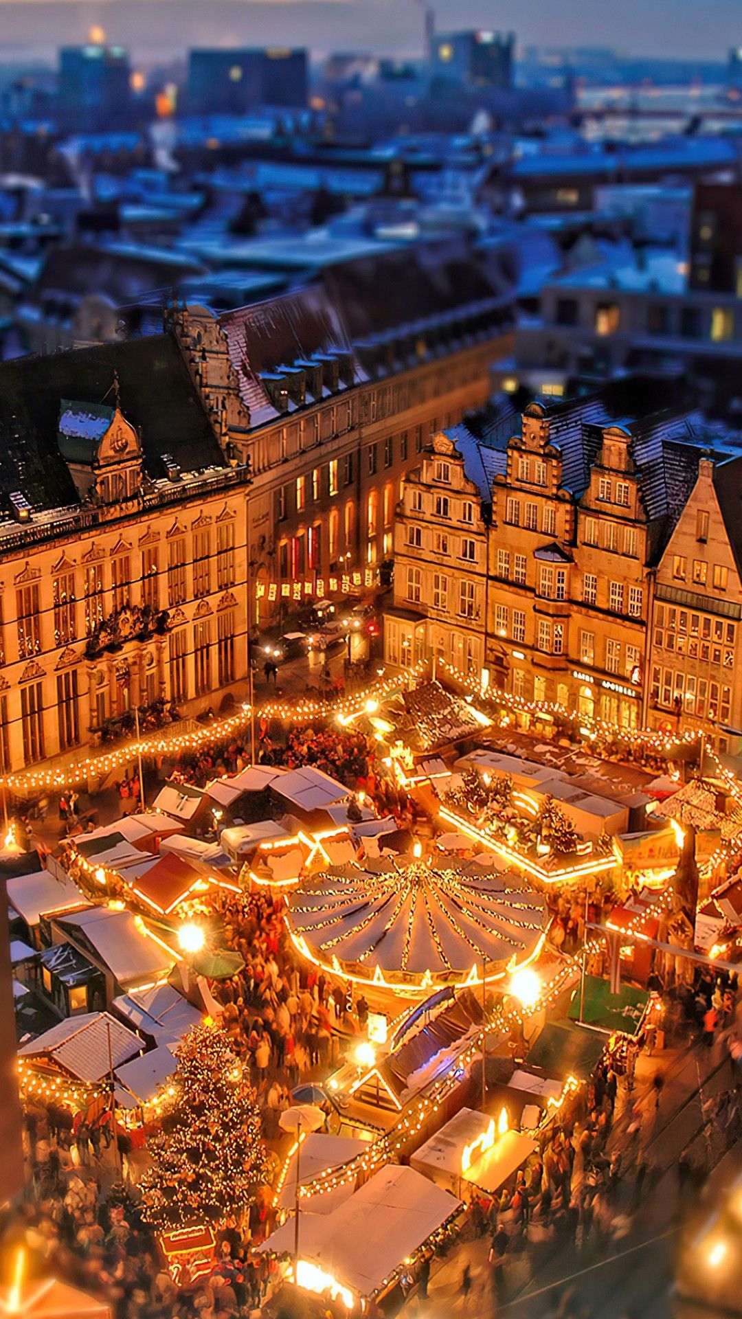 1080x1920 Bremen City Germany Light Night Rooftop Tilt Shift Winter 4K HD City Wallpaper