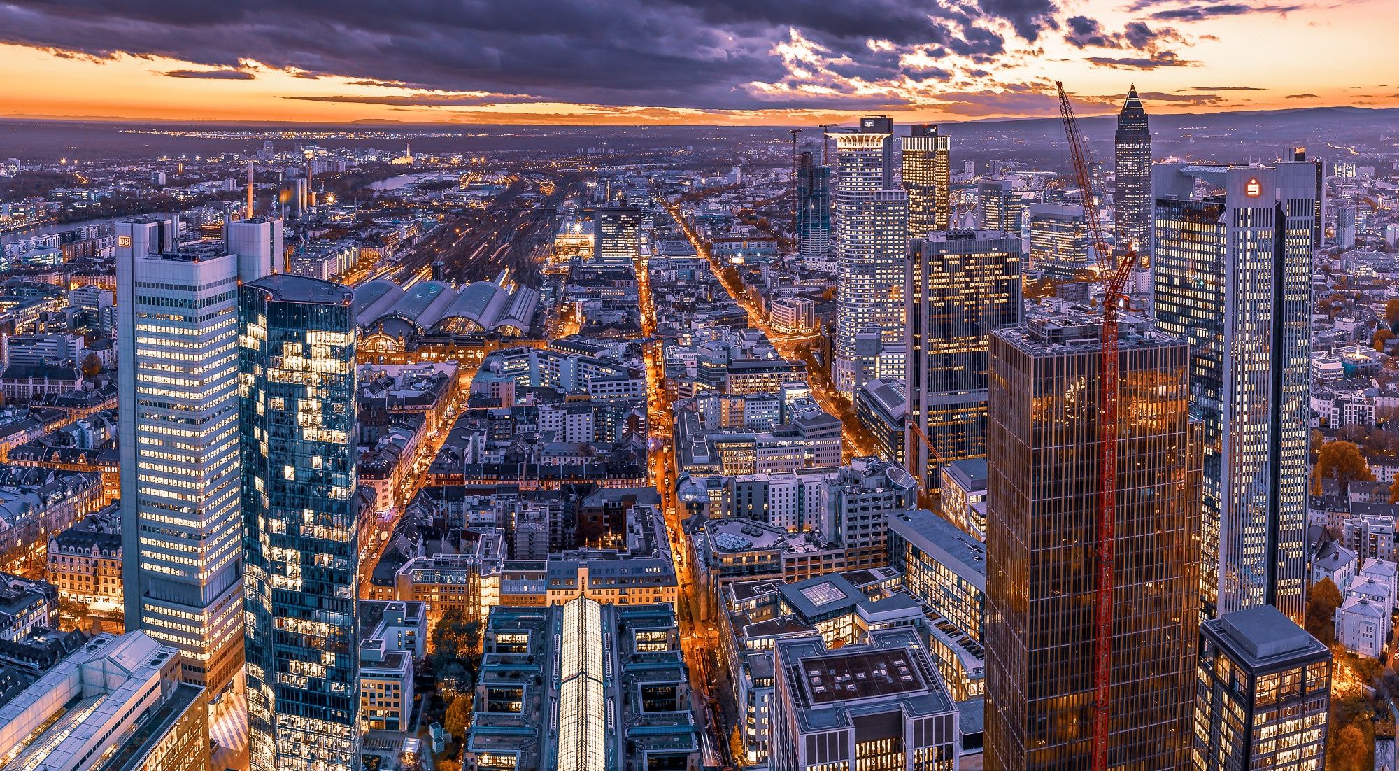 2000x1102 Wallpaper building, home, Germany, panorama, night city, skyscrapers, Germany, Frankfurt am main for mobile and desktop, section город, resolution 2000x1102