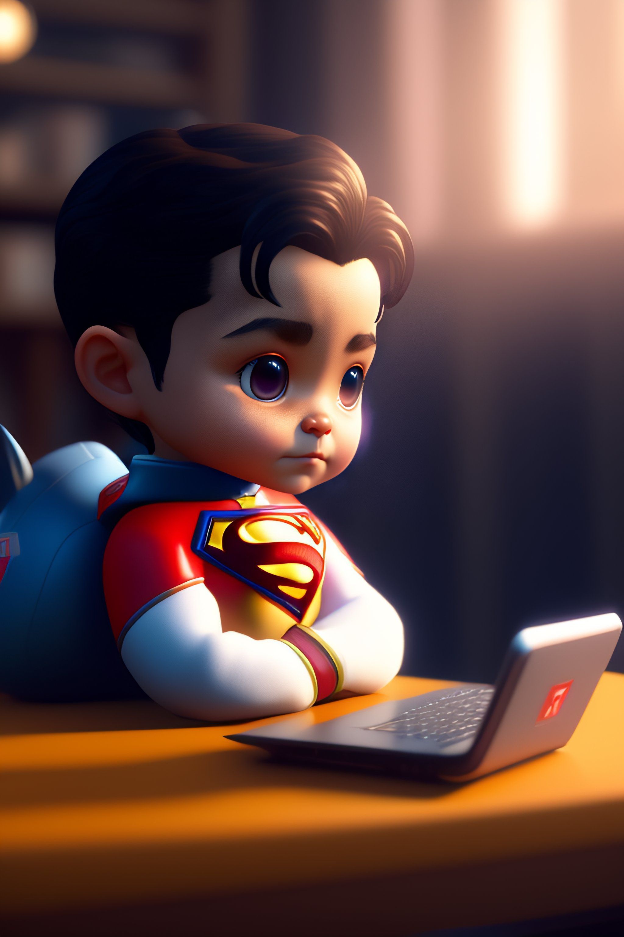 2048x3072 Lexica small humanoid superman sitting in front of laptop , unreal engine, cozy indoor lighting, artstation, detailed, digital painting, cinemat