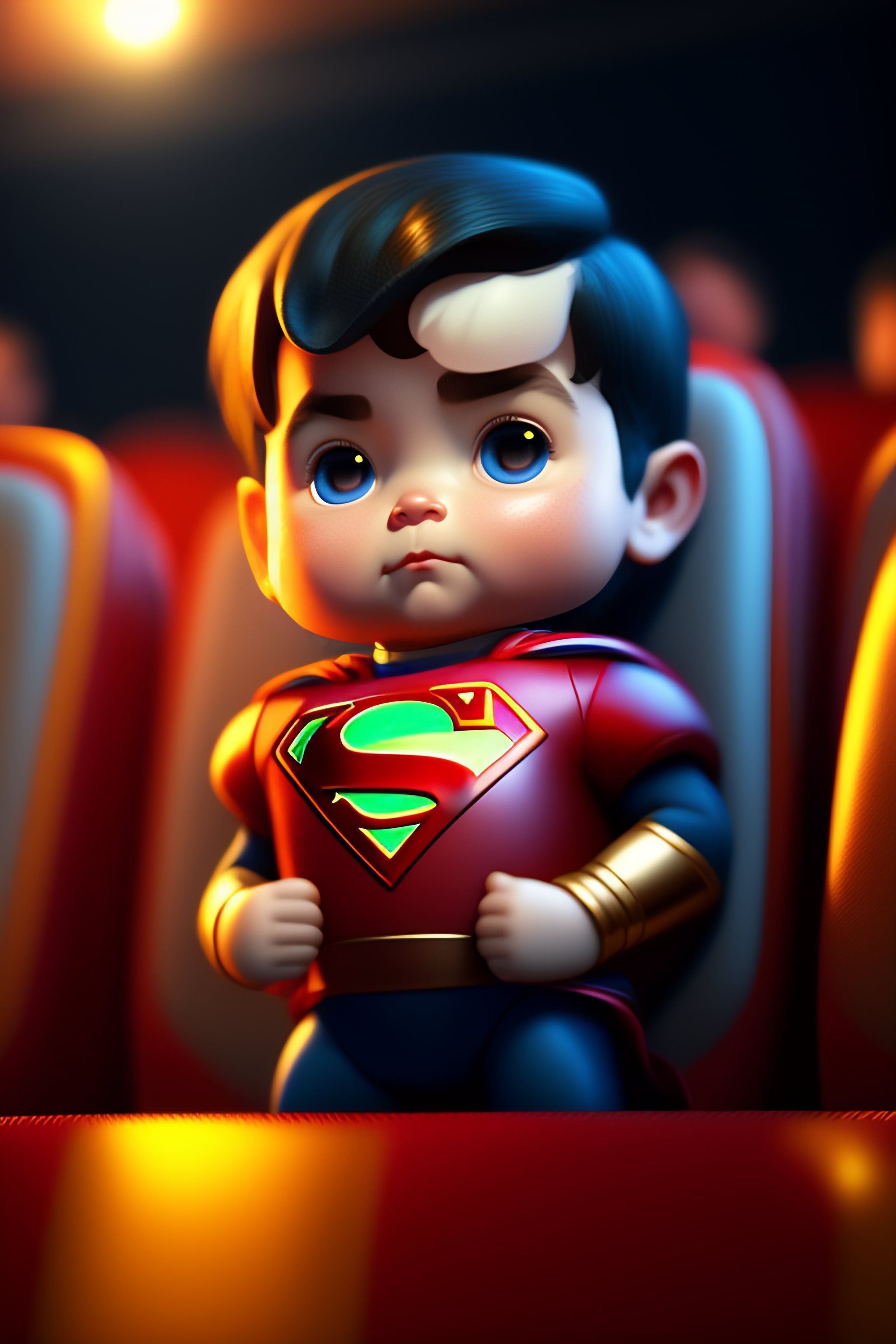 2048x3072 Lexica small humanoid superman sitting in a movie theater eating popcorn watching a movie , unreal engine, cozy indoor lighting, artstation, de