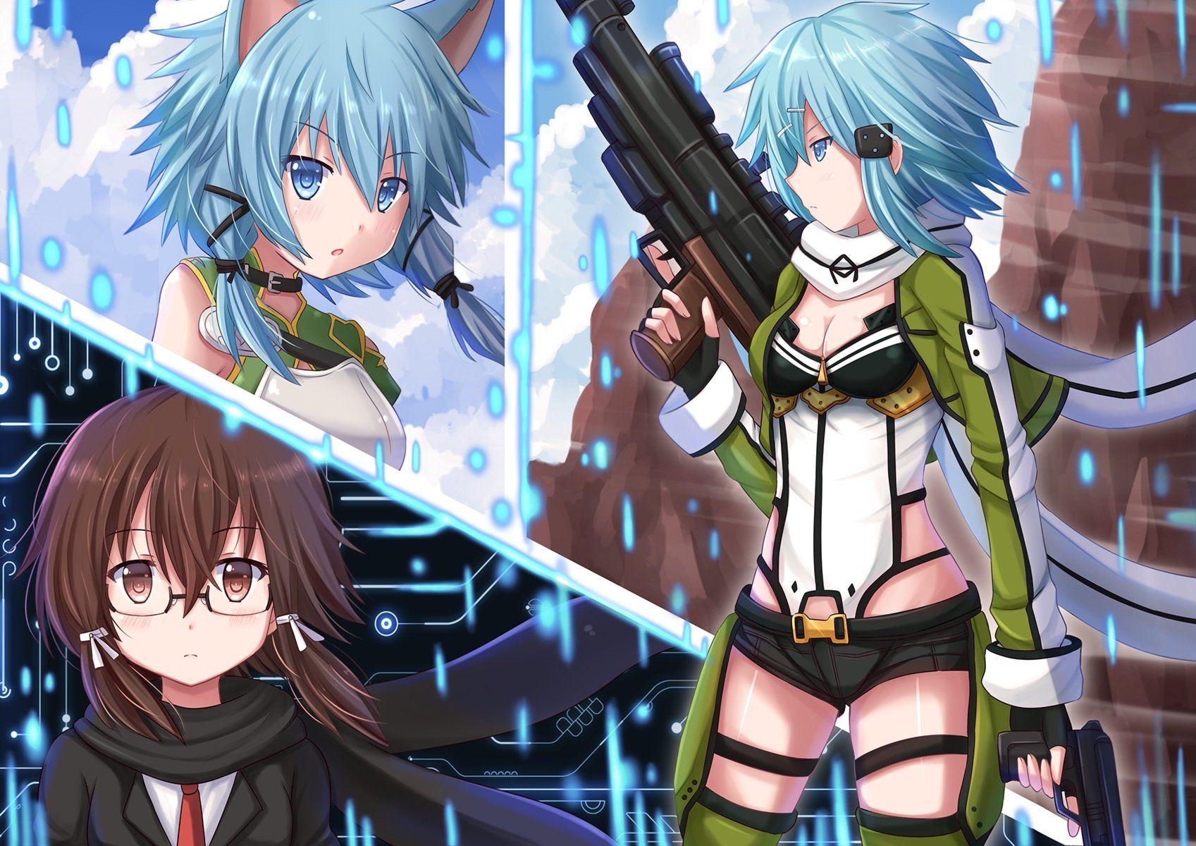 1697x1200 Animal ears breasts cleavage glasses gun gun gale online
