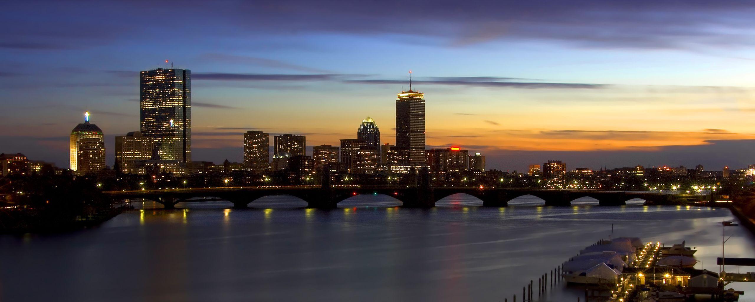 2560x1024 Download Wallpaper river usa skyscrapers bridge massachusetts boston