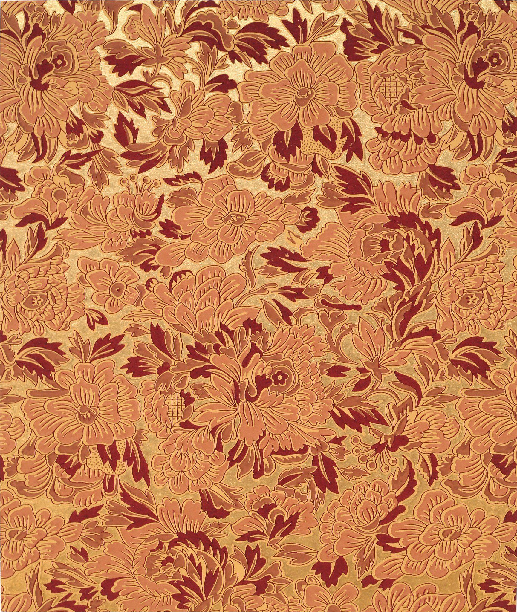 1730x2048 Burgundy Gilt Floral Sidewall Antique Wallpaper Wall Art