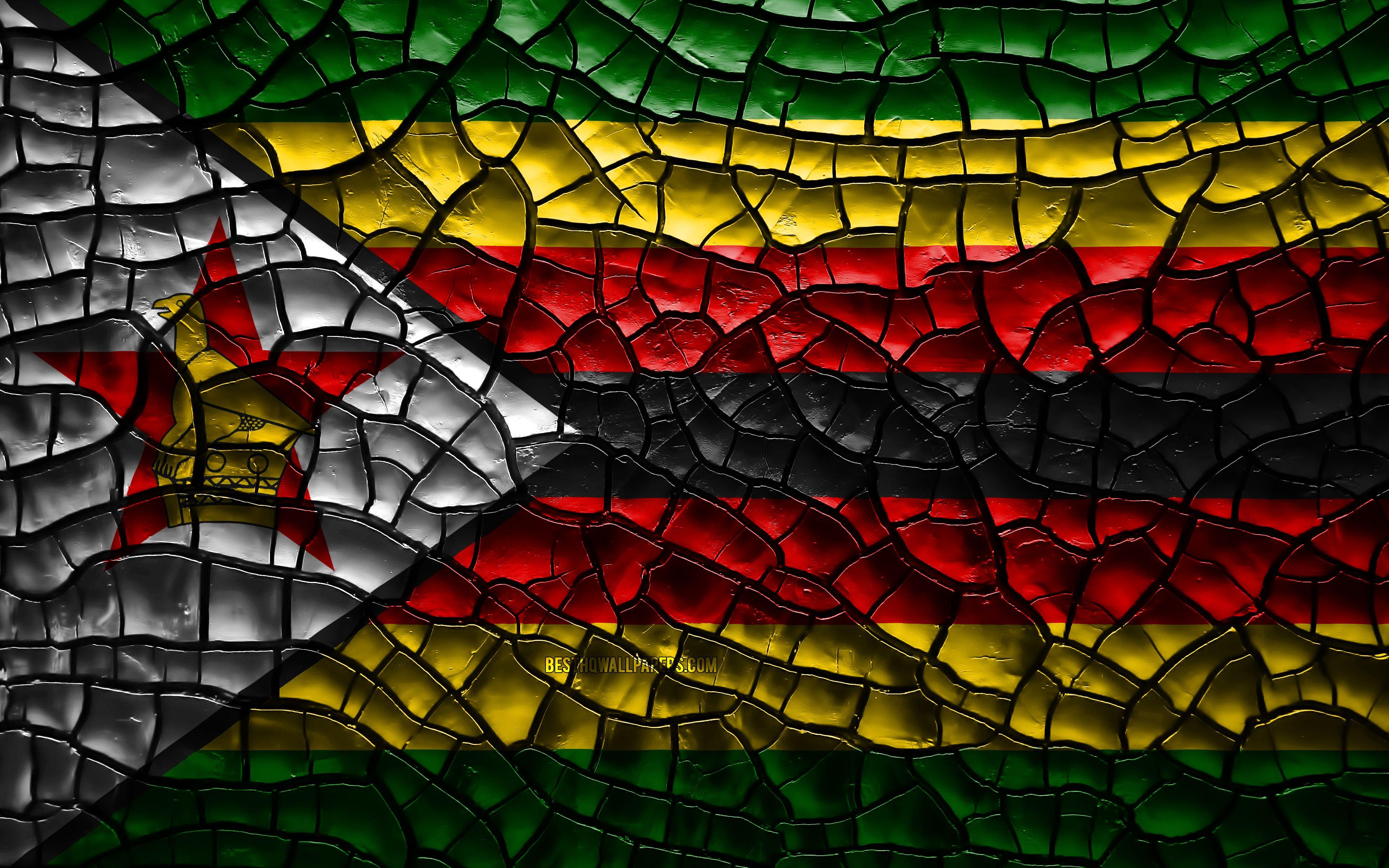 3840x2400 Download wallpaper Flag of Zimbabwe, 4k, cracked soil