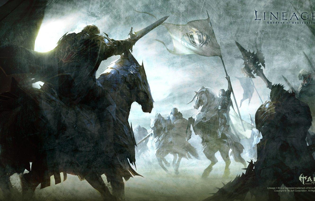1332x850 Wallpaper people, sword, flag, Lineage lineage, Orc, line