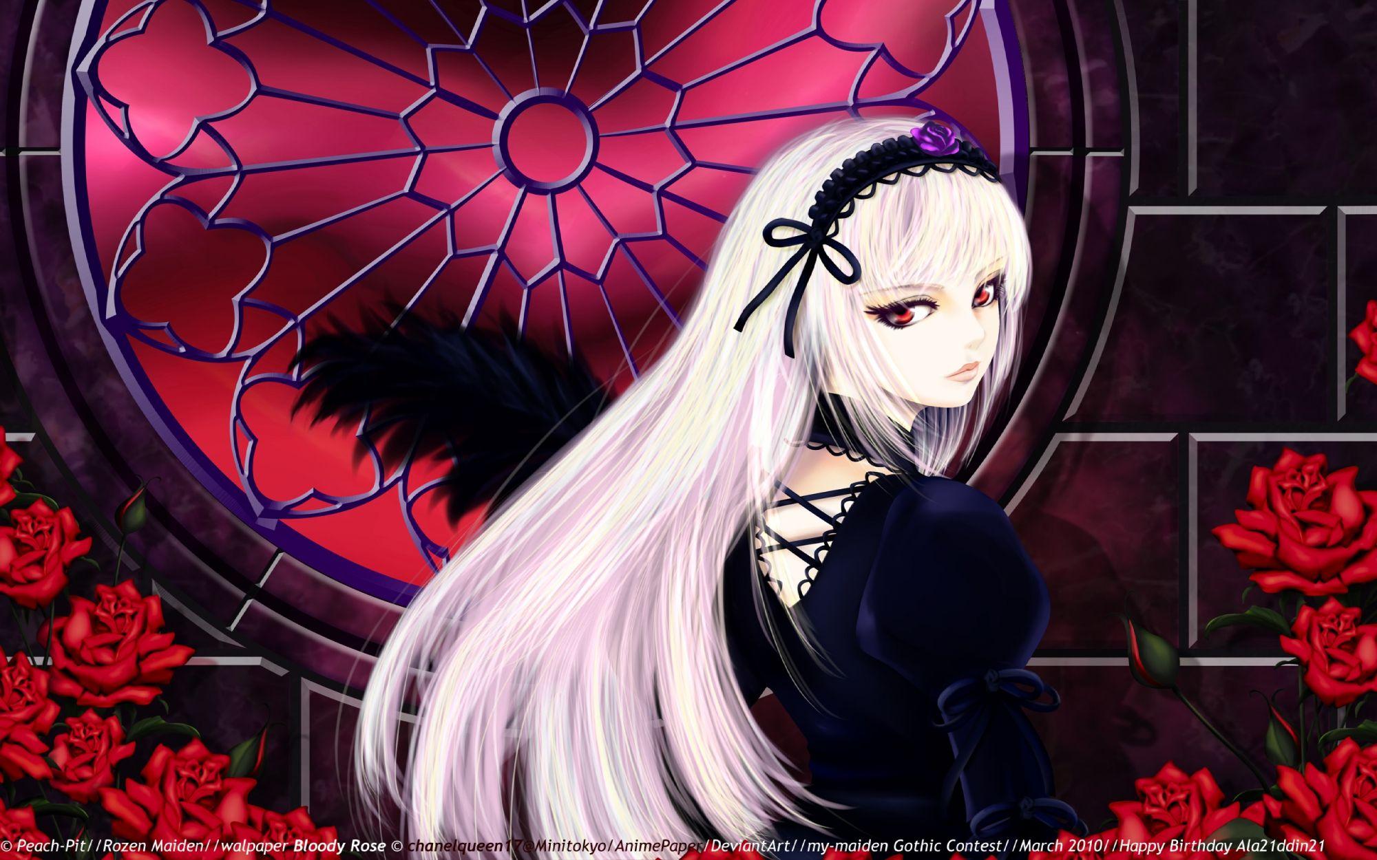 2000x1250 Flowers Goth Loli Gray Hair Lolita Fashion Red Eyes Rose