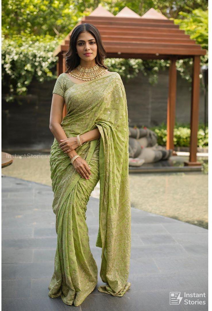 738x1080 Malavika Mohanan Green Saree HD Photo at Thalapathy 64