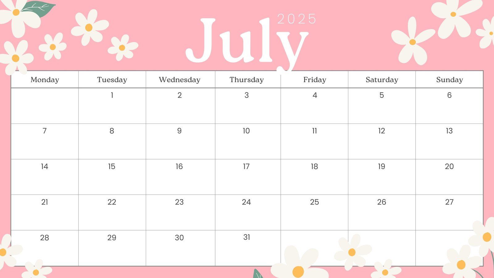1600x900 Free printable, custom July 2025 calendar templates