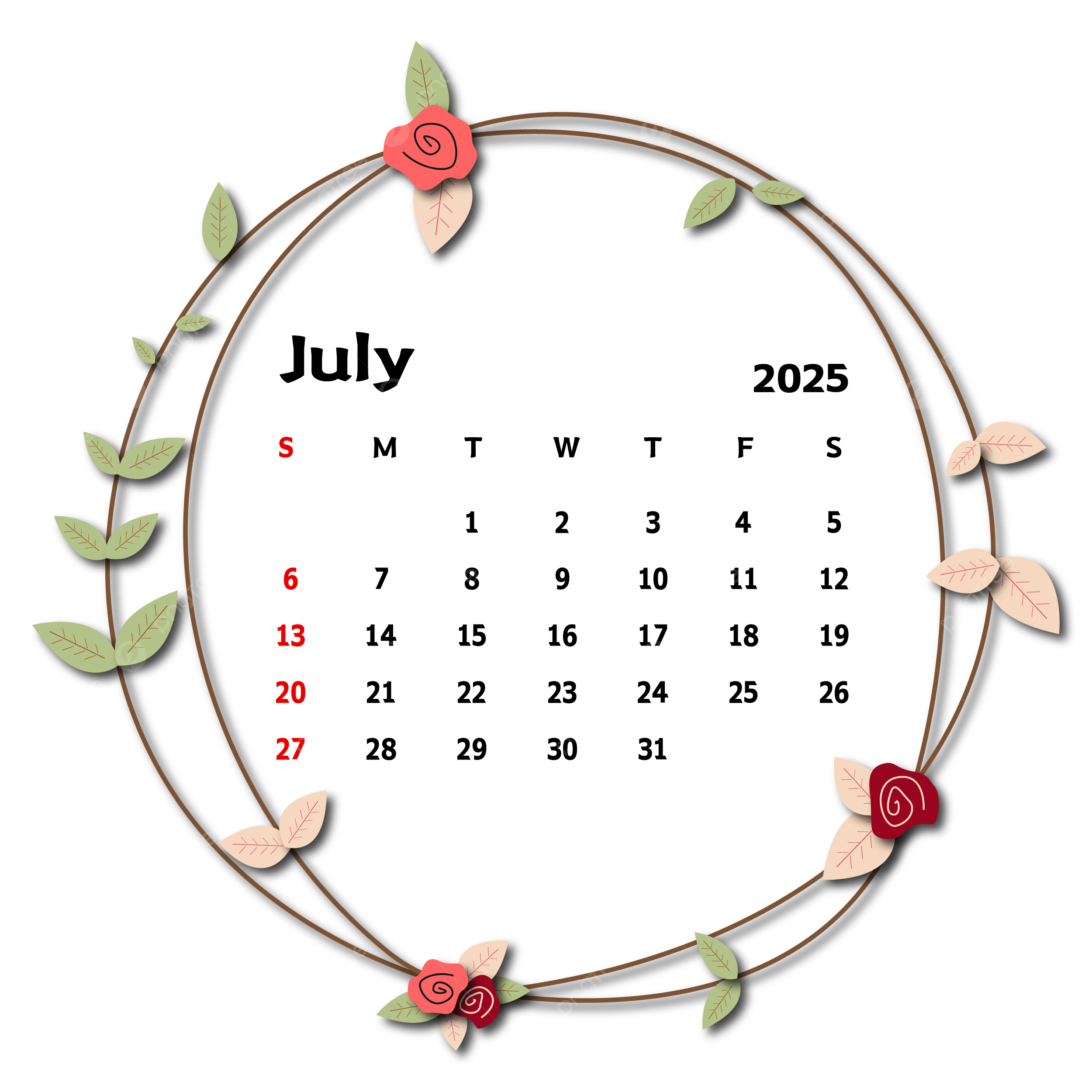 2500x2500 July 2025 Calendar With Leafy Circle Frame Vector, Calendar, July Leaf PNG and Vector with Transparent Background for Free Download