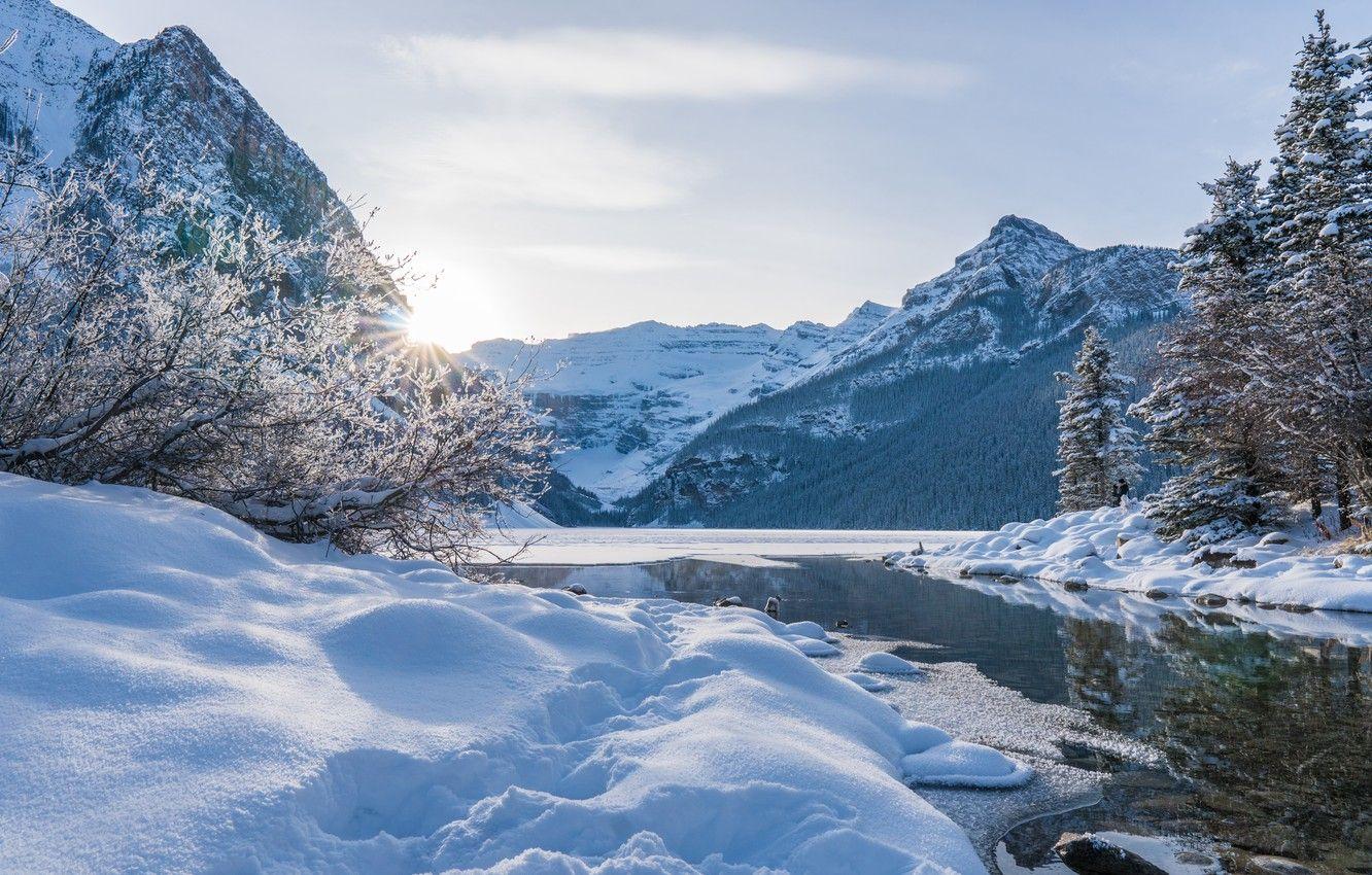 1332x850 Wallpaper winter, snow, trees, mountains, lake, Canada