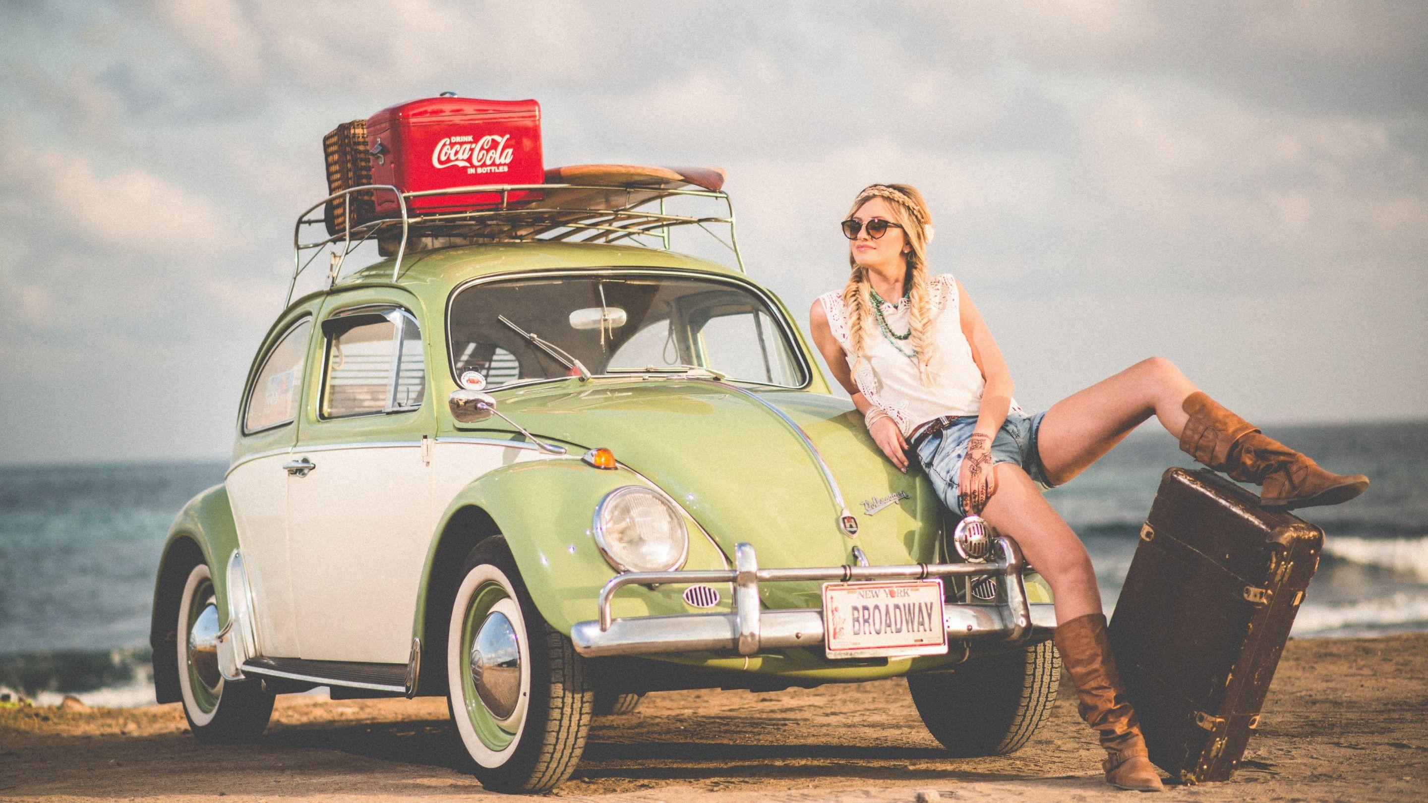 2880x1620 Download wallpaper: VW Beetle, blonde girl, model, travel