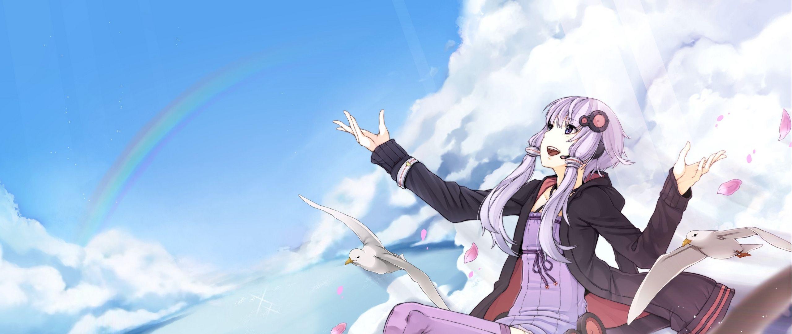 2560x1080 Download wallpaper 2560x1080 anime, girl, flying, bird, sky