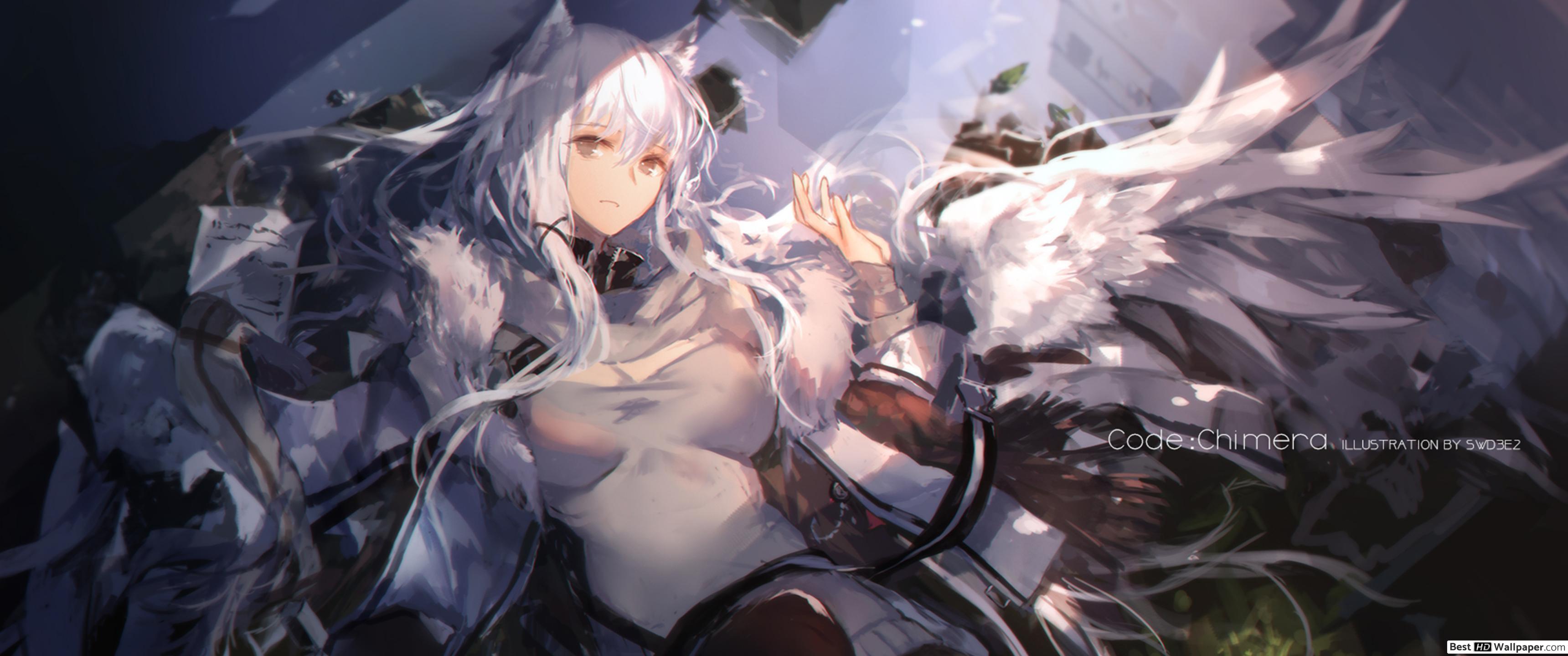 3440x1440 White haired anime girl HD wallpaper download