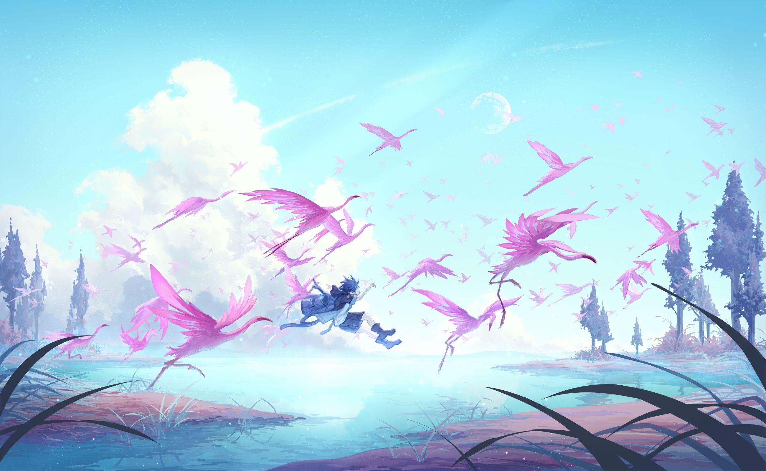 2600x1600 Download 2600x1600 Anime Boy Jumping, Flamingo, Birds