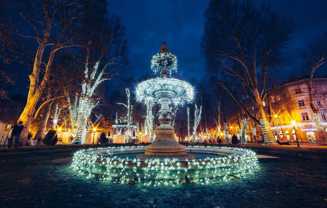 1332x850 Wallpaper trees, night, lights, home, area, lights, fountain