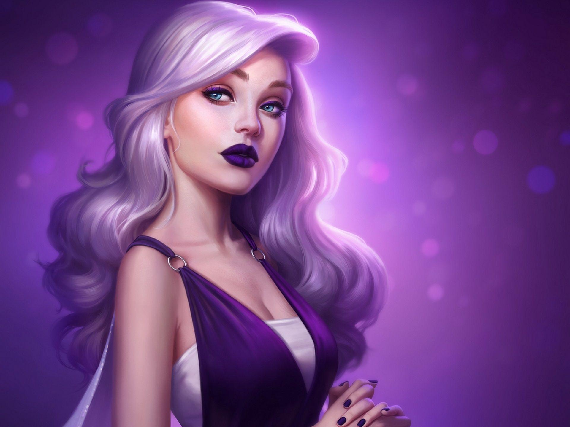 1920x1440 Wallpaper Fantasy girl, purple skirt, curly hair 1920x1440
