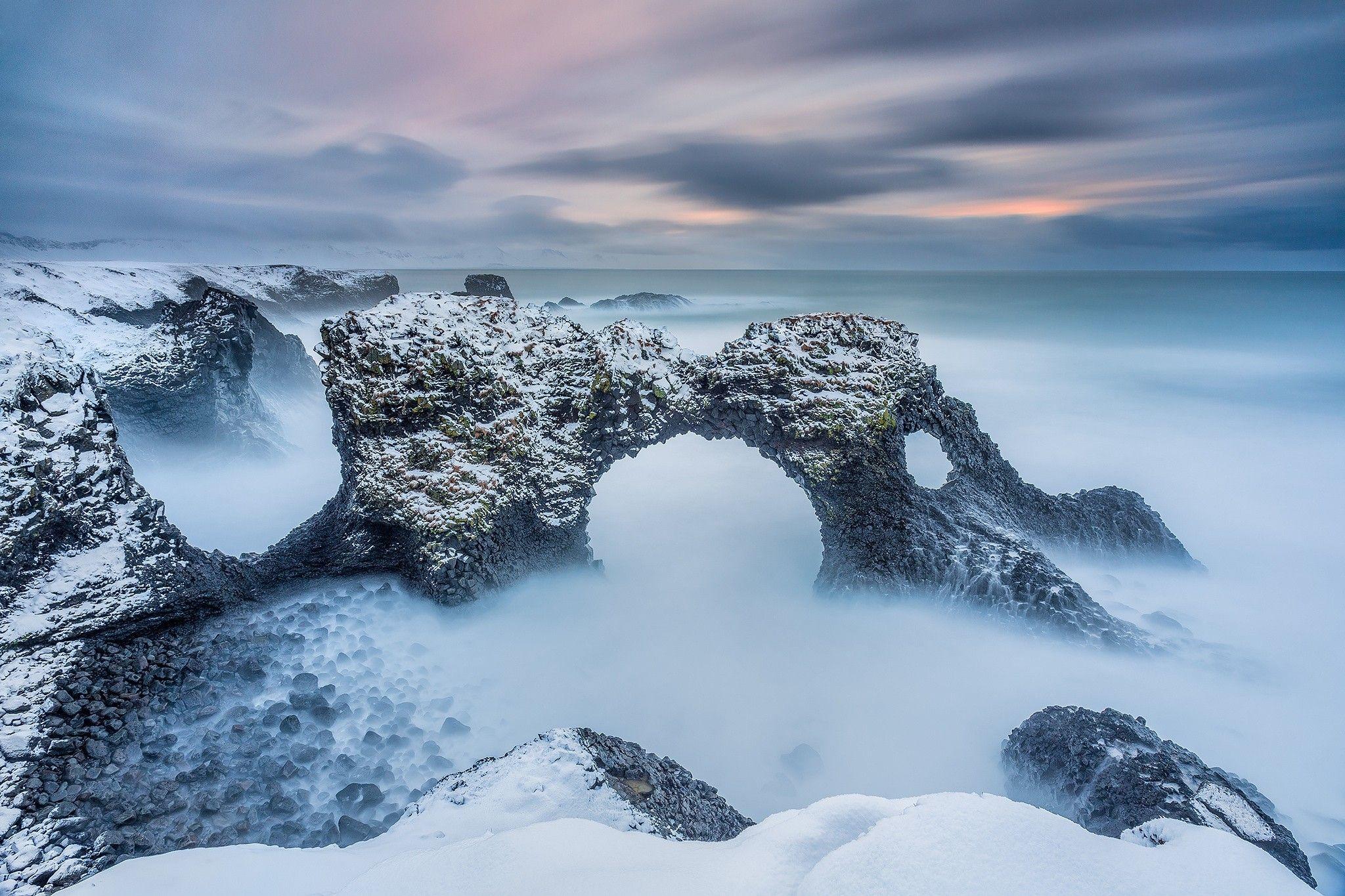 2048x1365 Other: Rocks Borgarfjordour Sea Arch Clouds Iceland Borgarfjorour