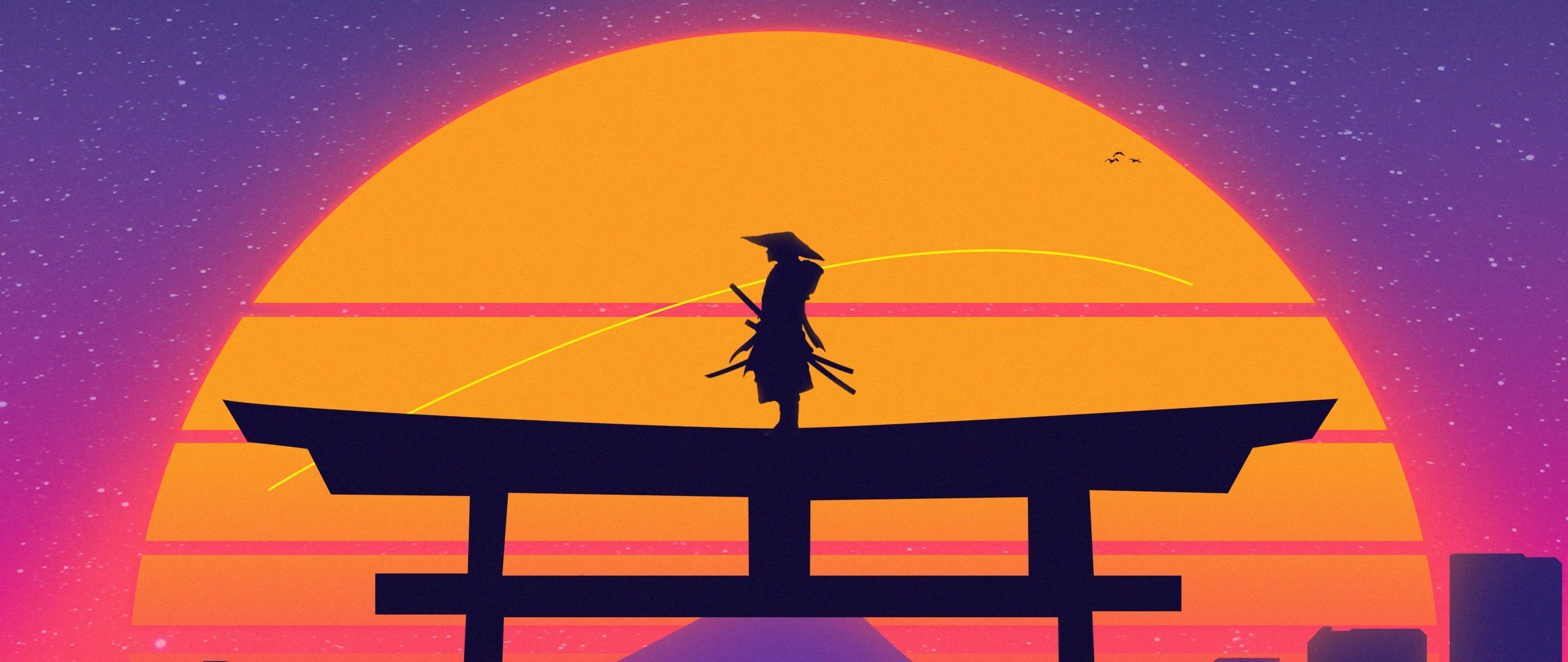 2560x1080 Samurai Wallpaper 4K, Torii gate, Japanese, 5K, Sunset