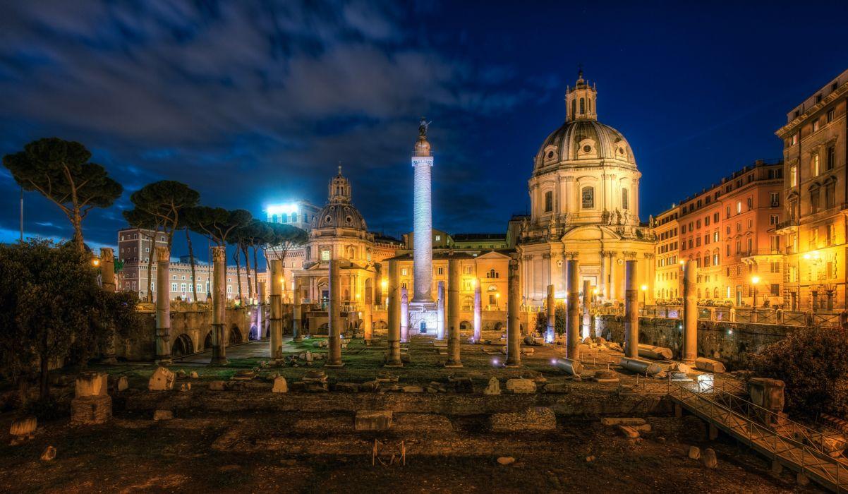 1202x700 Italy Ruins Famous buildings Trajans Forum Rome Night Cities
