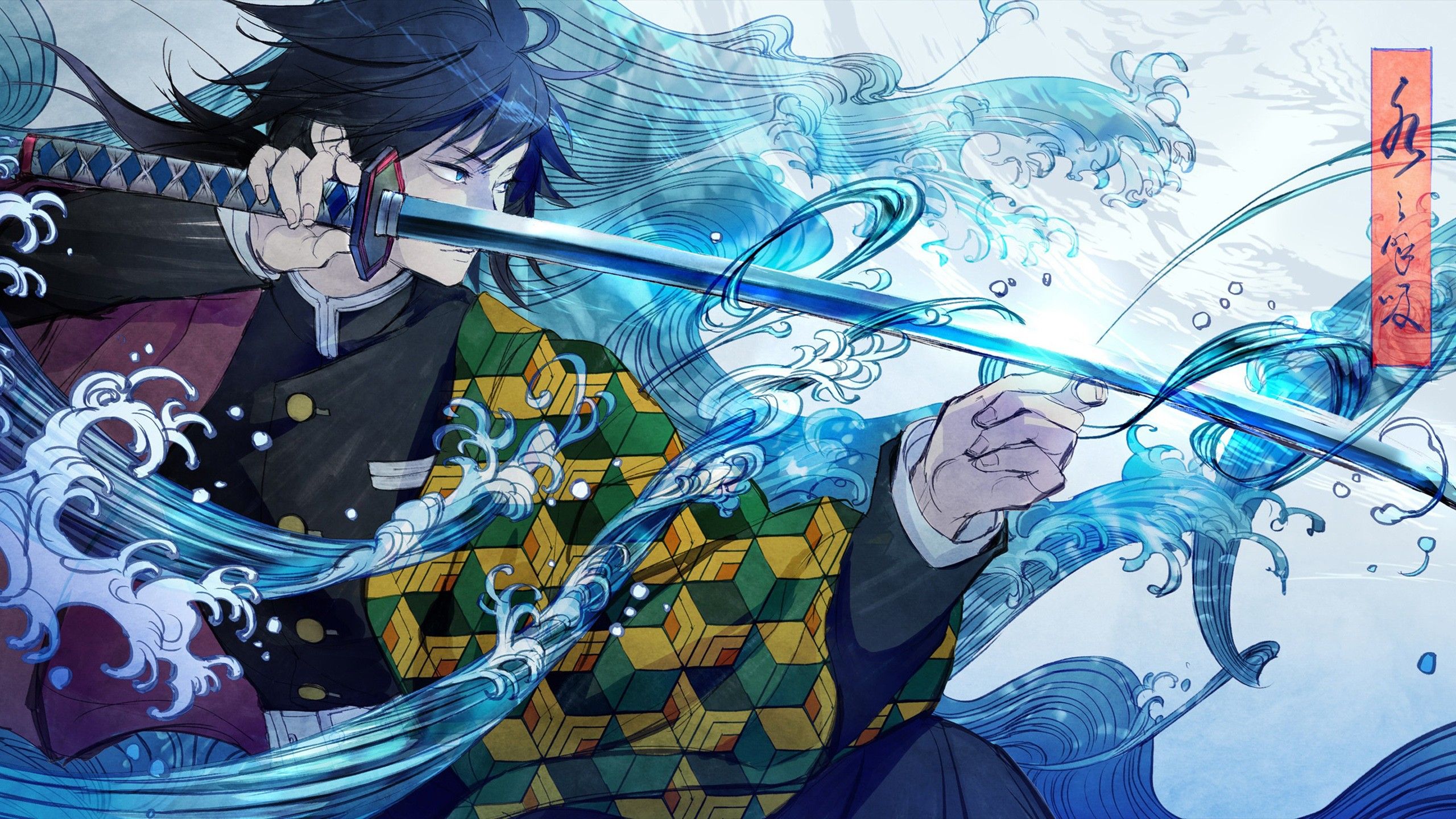 2560x1440 Demon Slayer Giyuu Tomioka With A Long Sharp Sword With Background Of Blue Abstract HD Anime Wallpaper