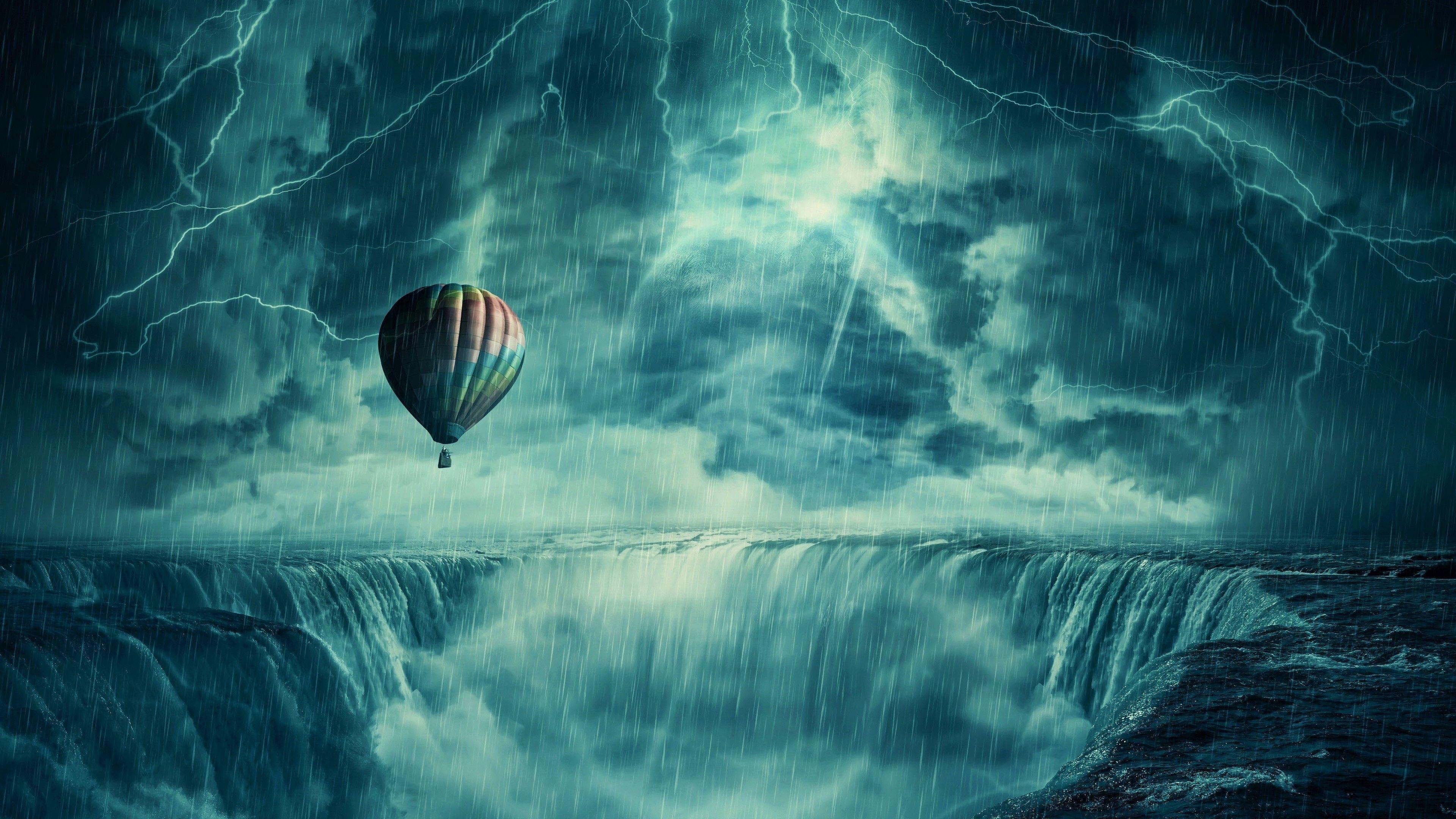 3840x2160 Download 3840x2160 Hot Air Balloon, Clouds, Lightning, Dark