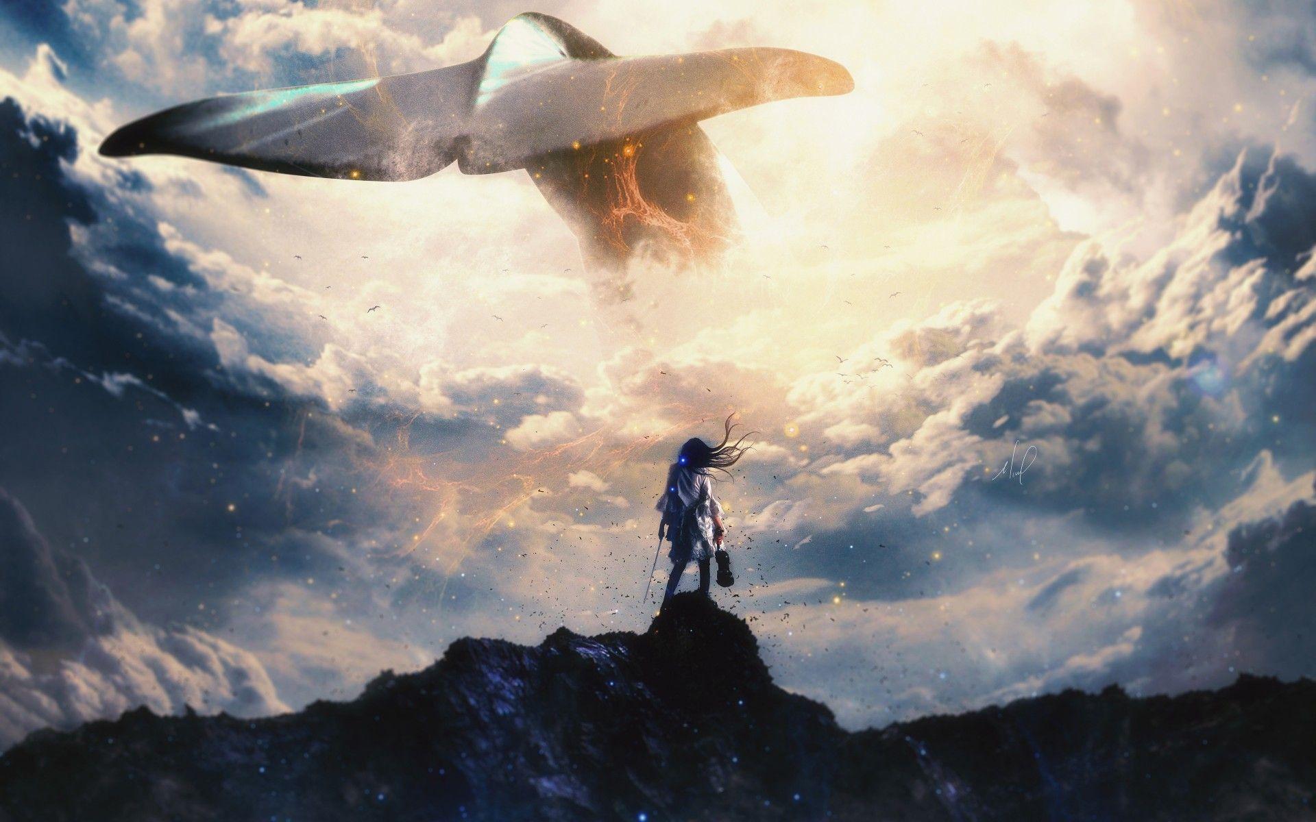 1920x1200 Fantasy Woman, Giant Whale, Clouds, Violin, Edge