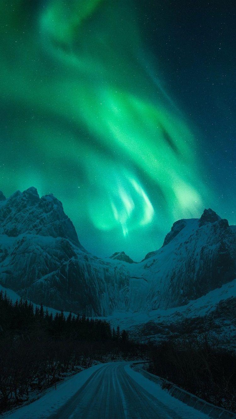 750x1334 Northern lights, snow, mountains, winter, road, night