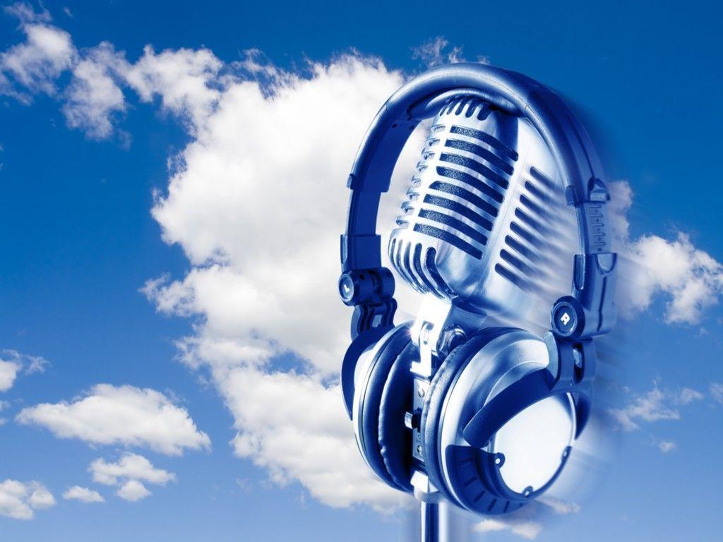 1024x768 On The Air Flying Retro Microphone and Headphones Over Blue Sky Wallpaper. Cute wallpaper, Headphones, Stock image