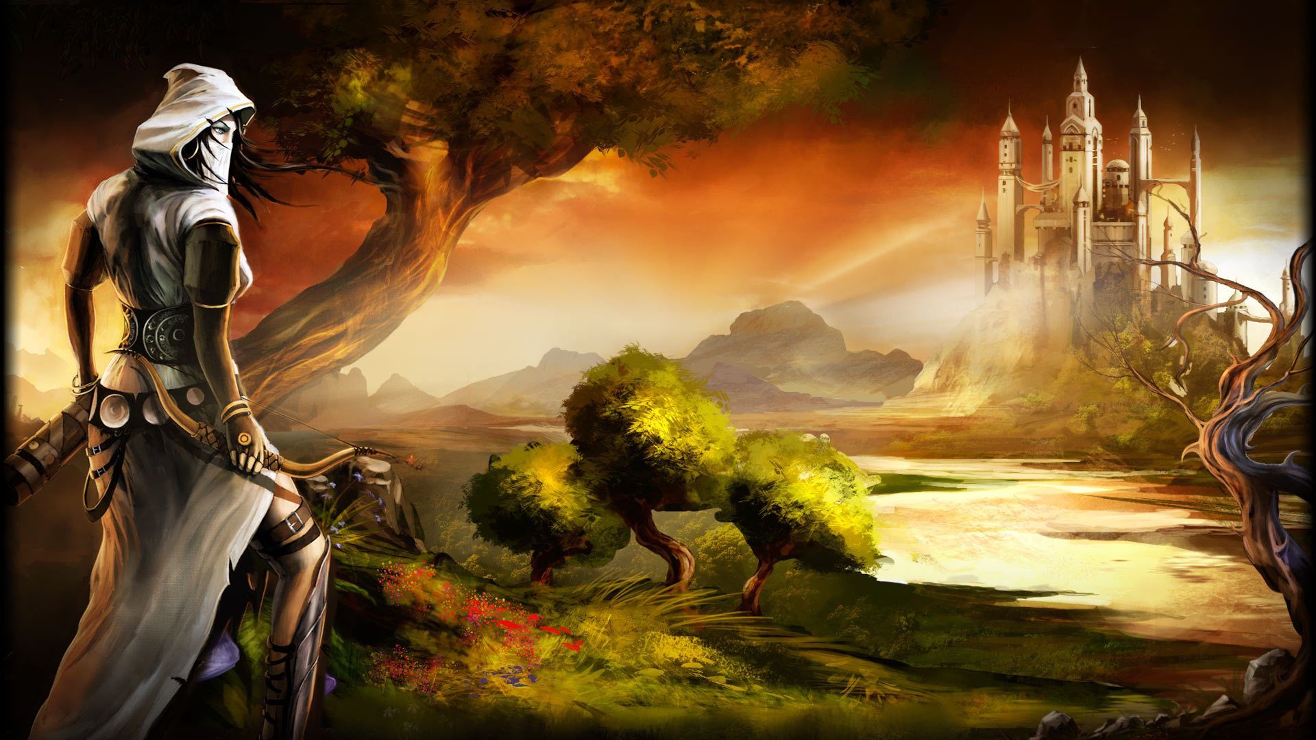 1920x1080 Wallpaper castle, bow, Archer, tower, Kingdom, art, trine, Zoe for mobile and desktop, section игры, resolution 1920x1080