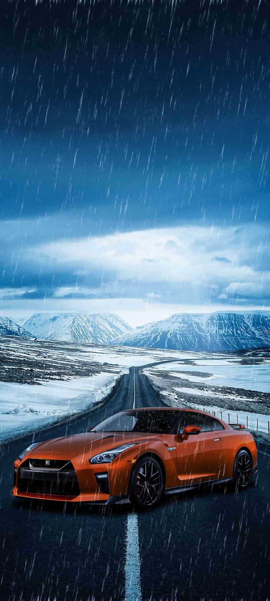 864x1920 Download free A Sports Car Driving Down A Road In The Rain Wallpaper