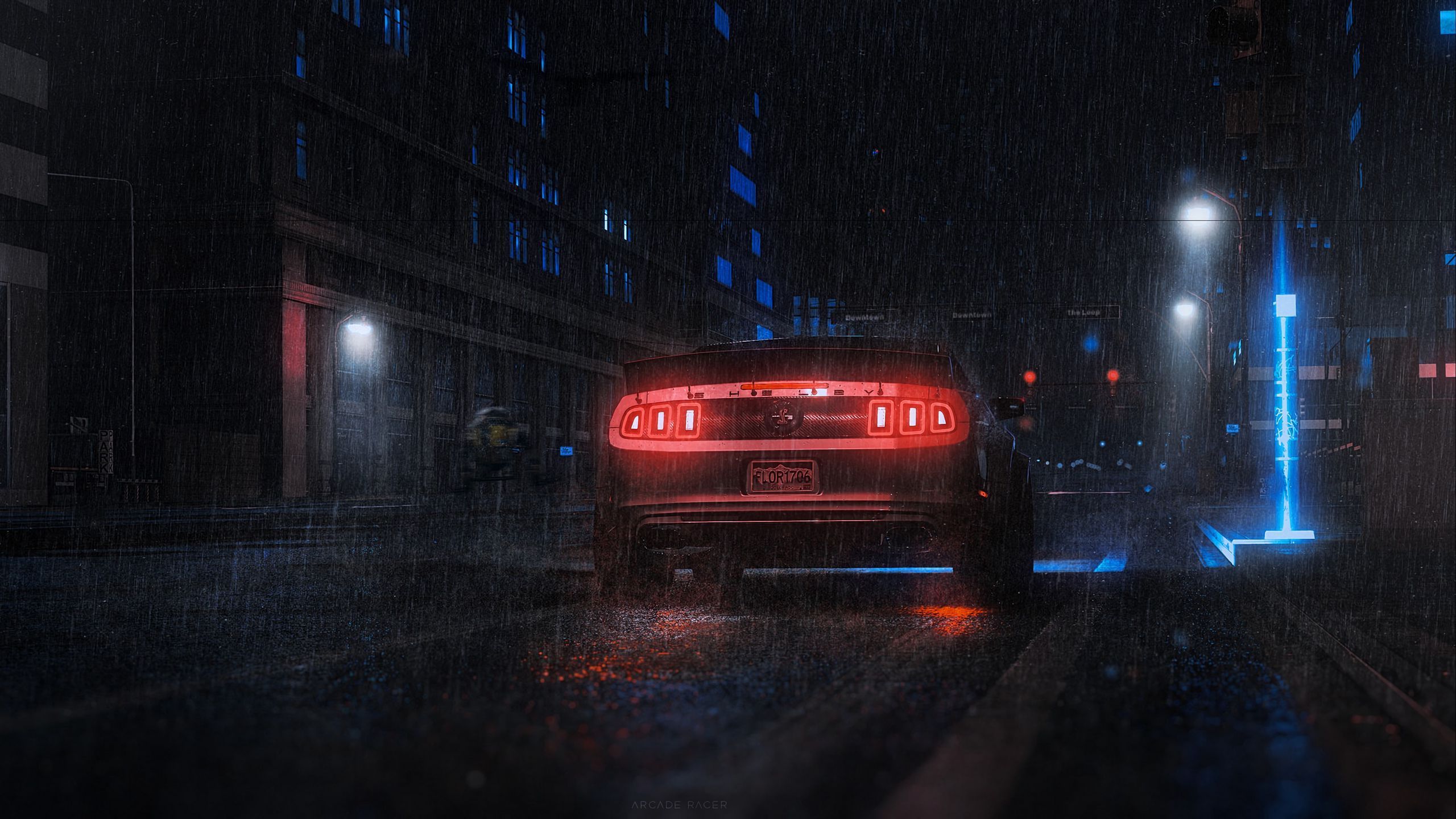 2560x1440 Download wallpaper 2560x1440 sports car, car, rear view, neon, rain widescreen 16:9 HD background