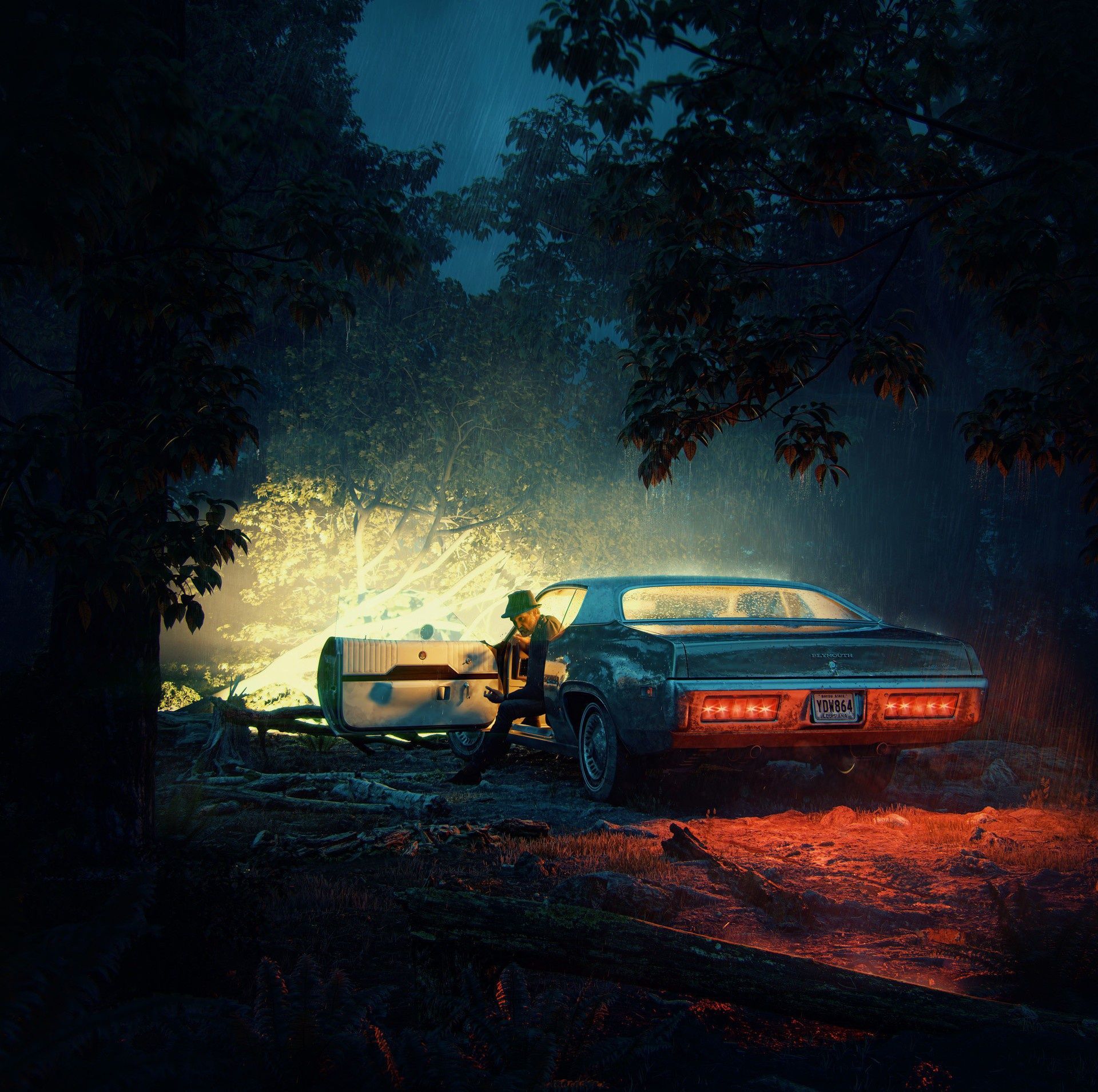 1920x1910 Wallpaper forest, night, rain, car, No passage for mobile and desktop, section рендеринг, resolution 1920x1910