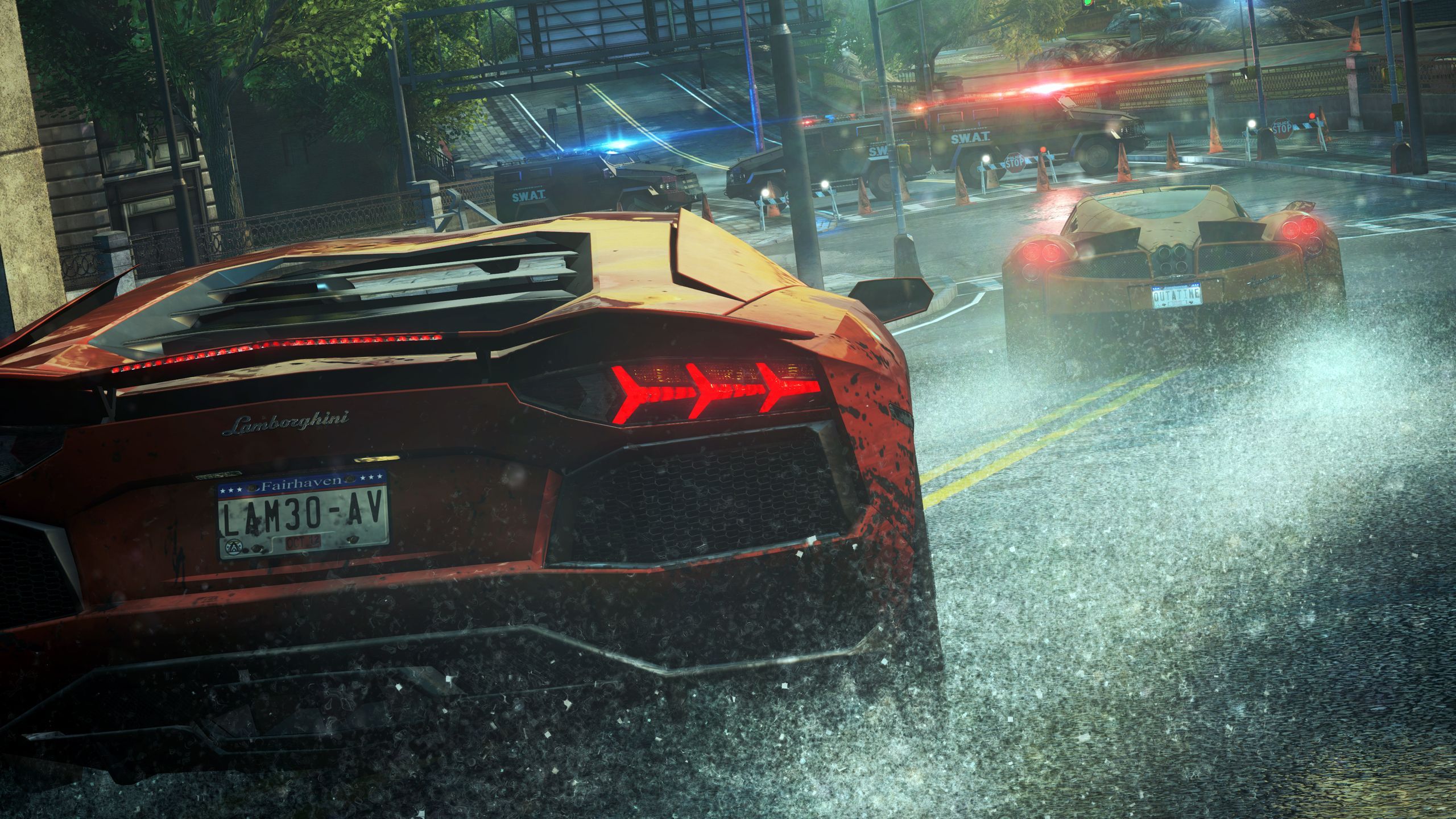 2560x1440 Wallpaper rain, race, police, Lamborghini, cars, Need For Speed Most Wanted, cars for mobile and desktop, section игры, resolution 2560x1440