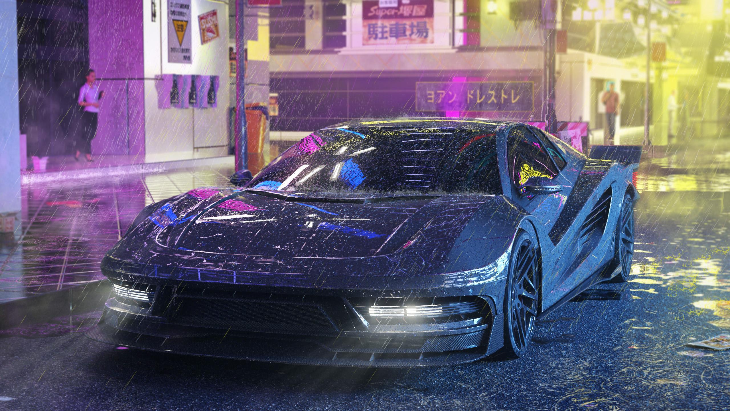 2560x1440 Cyberpunk car in the rain (my design)