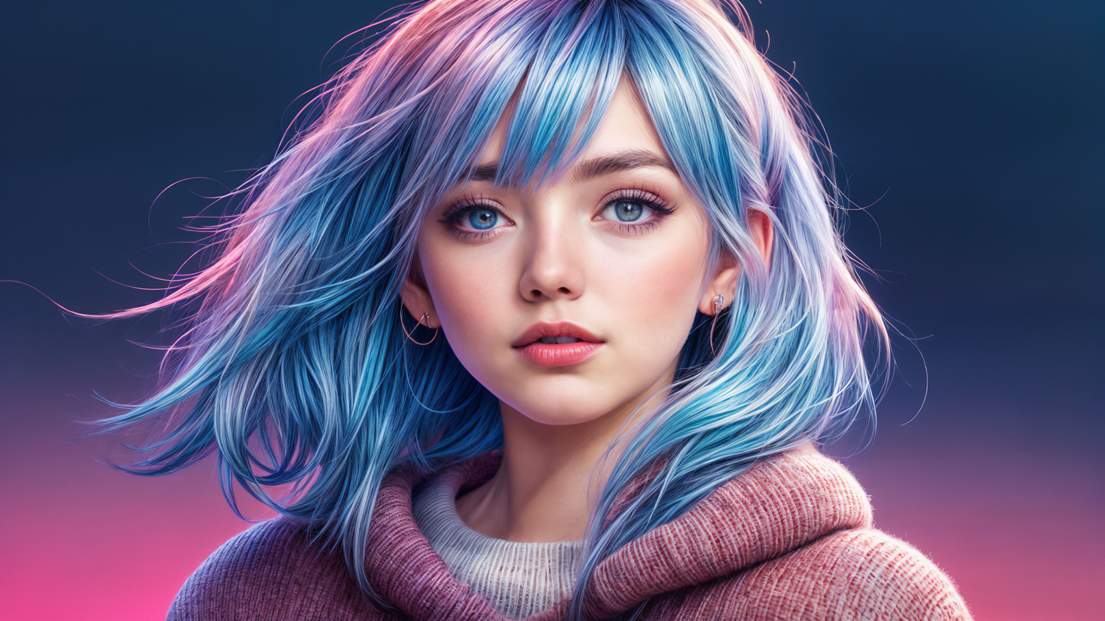 3840x2160 Asian Girl Wallpaper 4K, AI art, Blue hair, Blue eyes