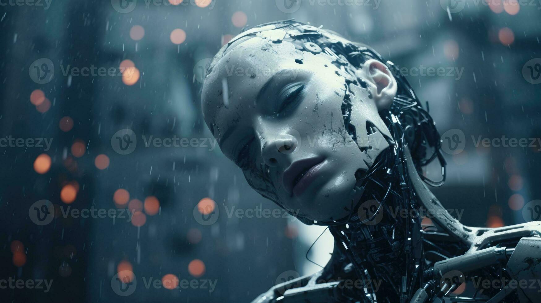 1749x980 AI concept. Artificial intelligence technology. Futuristic female android, robot. AI Generated