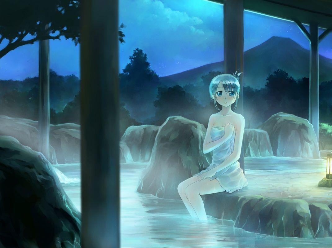1071x800 blue eyes blue hair blush clouds forest ikeda jun night nude