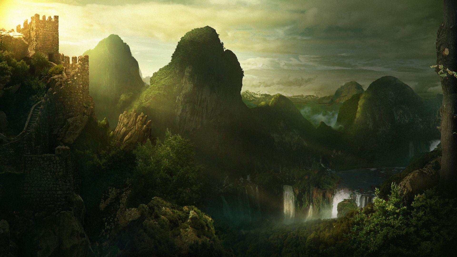 Download A Castle hides amid a Fantasy Landscape Wallpaper | Wallpapers.com