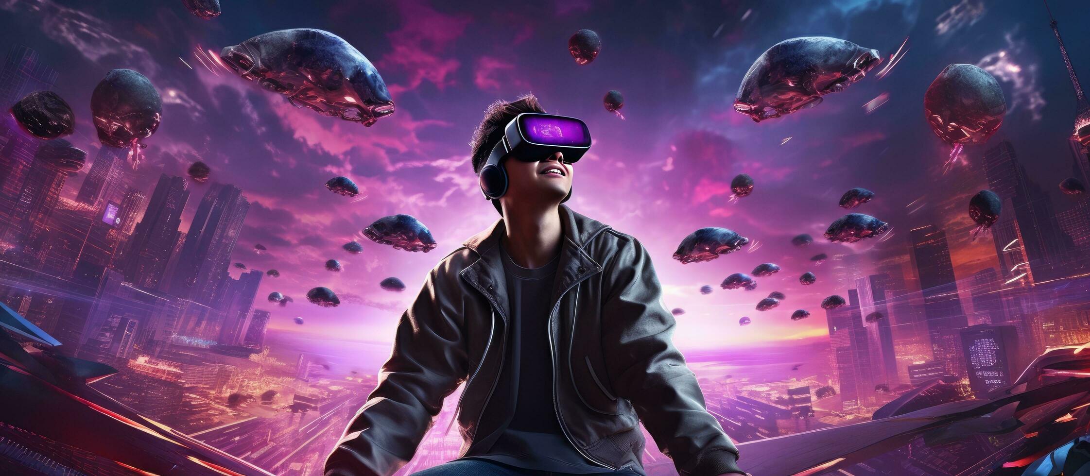 2243x980 Asian man in VR headset floating in purple cyberpunk neon background playing video game representing Metaverse concept