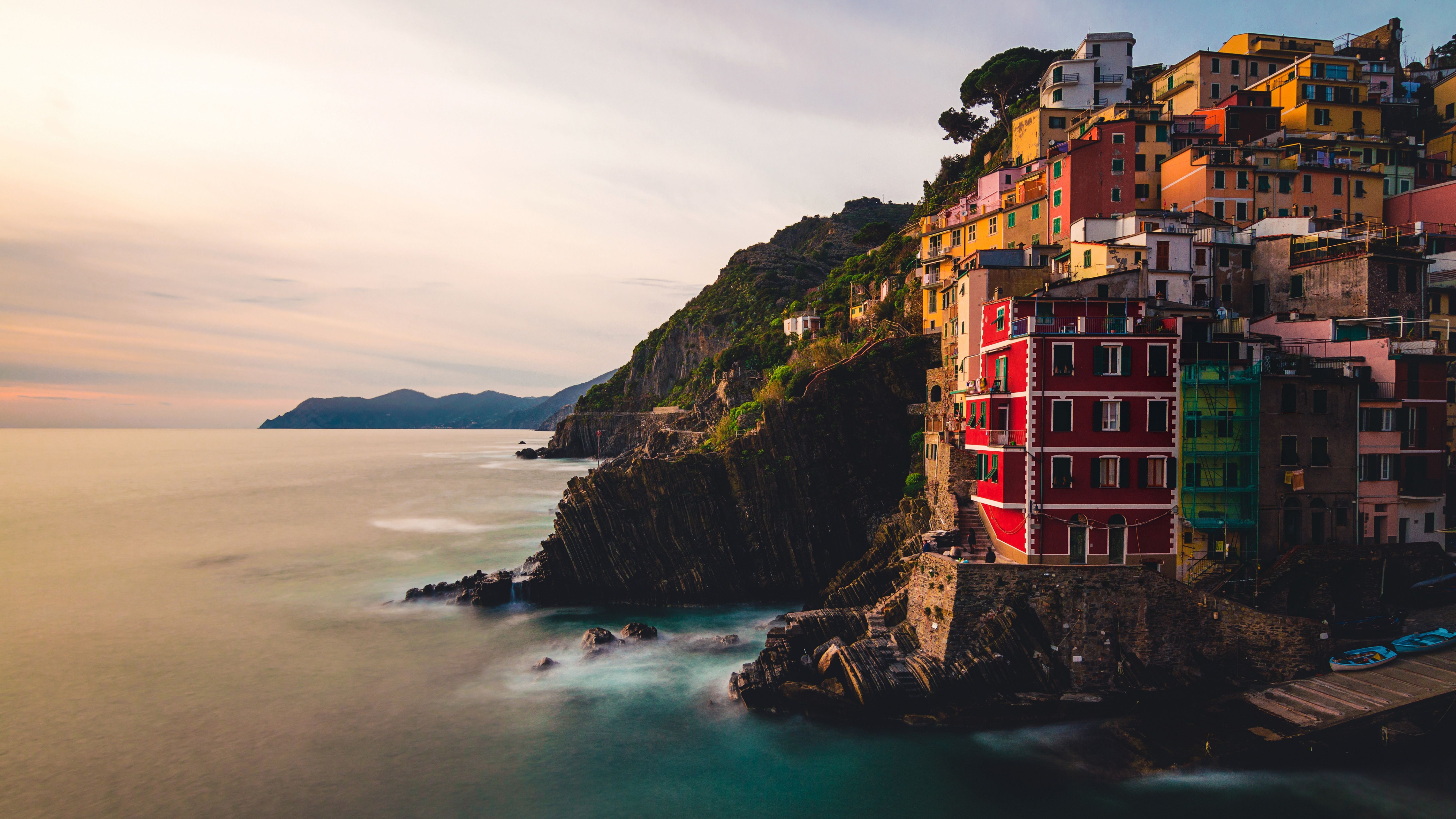 6016x3384 Riomaggiore Wallpaper 4K, Village, Sunset, Cliff, Ocean