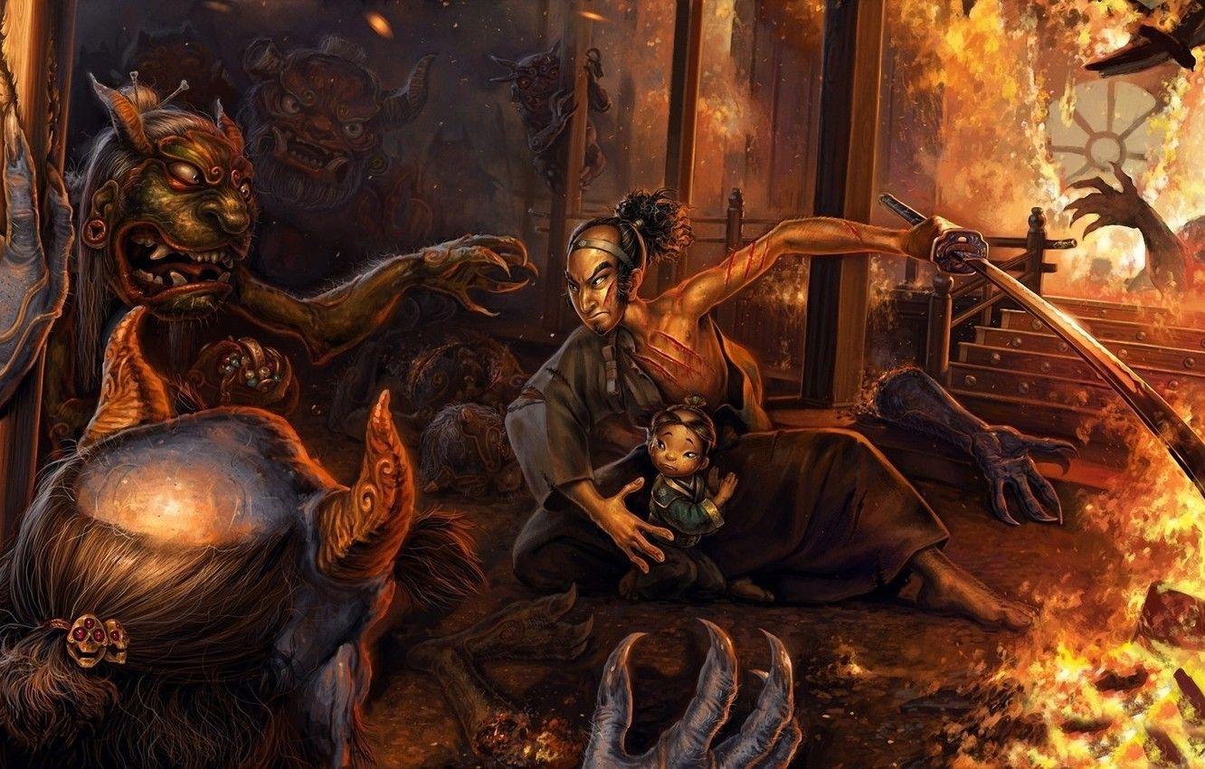 1332x850 Wallpaper Japan, fire, flame, sword, blood, horns, devil, katana, ken, battle, samurai, evil, asian, sensei, japanese, kimono image for desktop, section фантастика