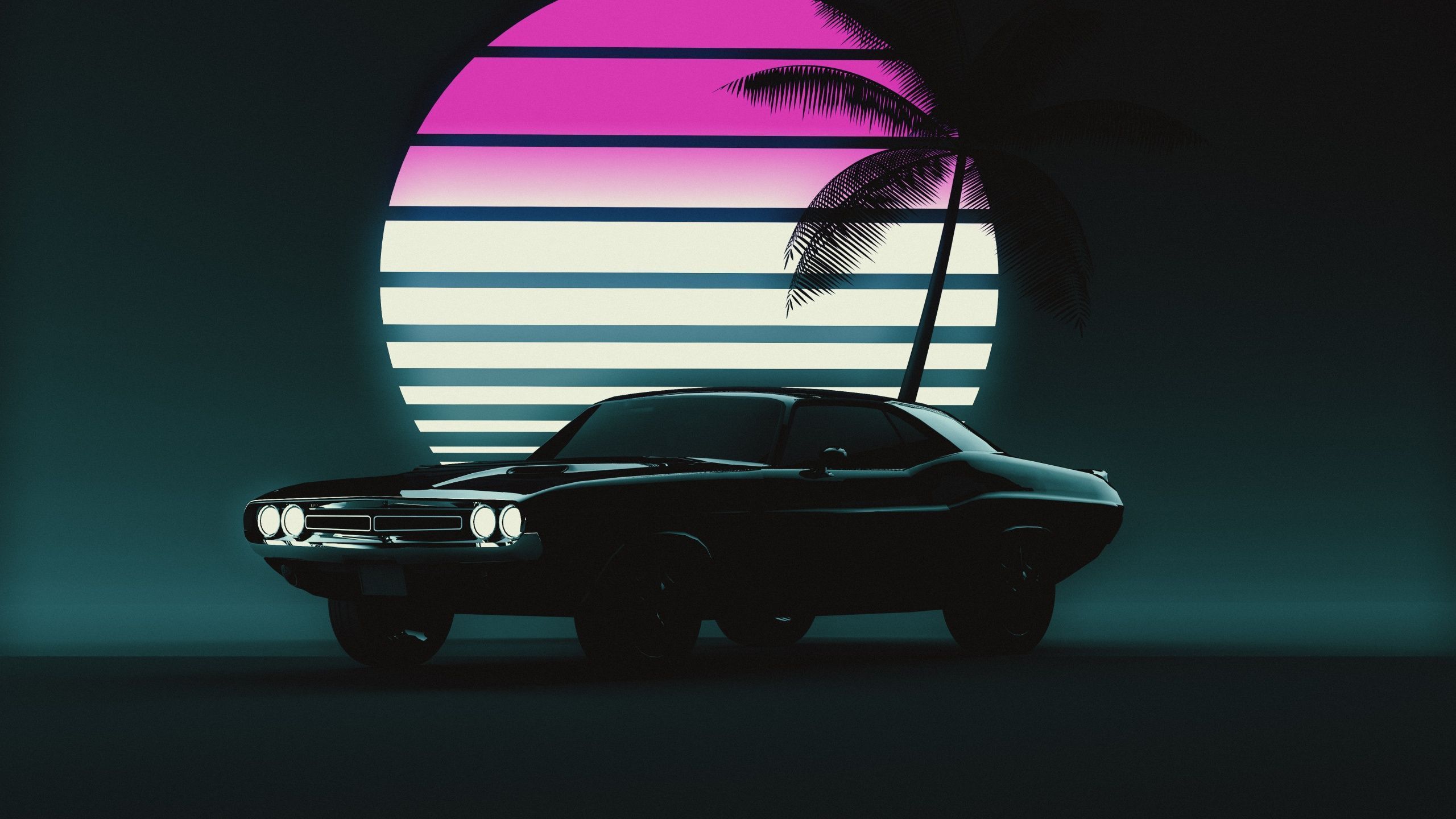 2560x1440 Muscle car Wallpaper 4K, Retro, Vintage car, Sunset, Neon