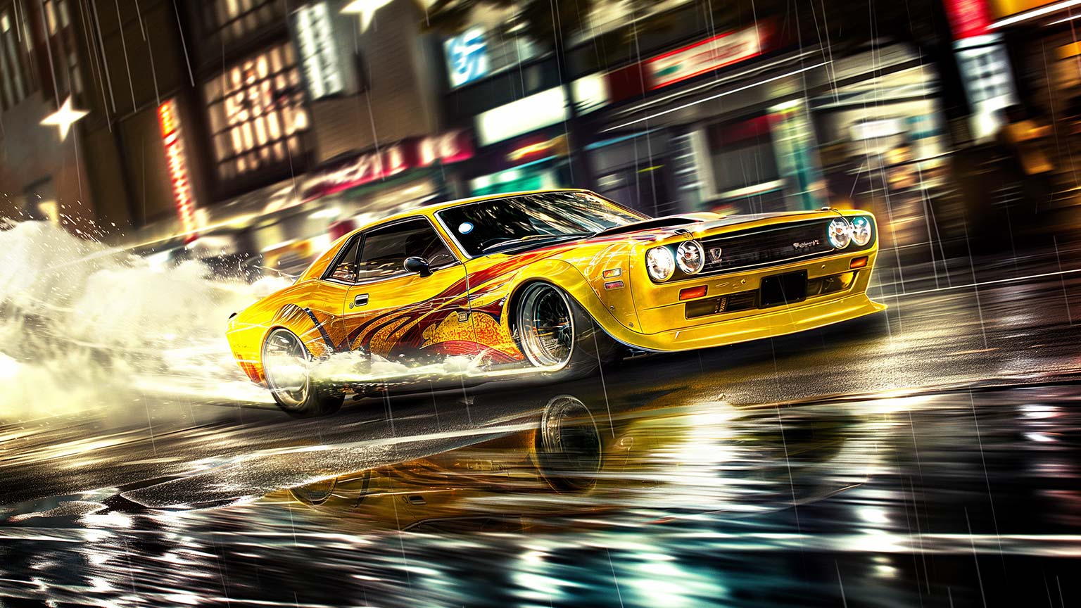1536x864 Retro Racing Car Night City Desktop Wallpaper 4K Wallpaper